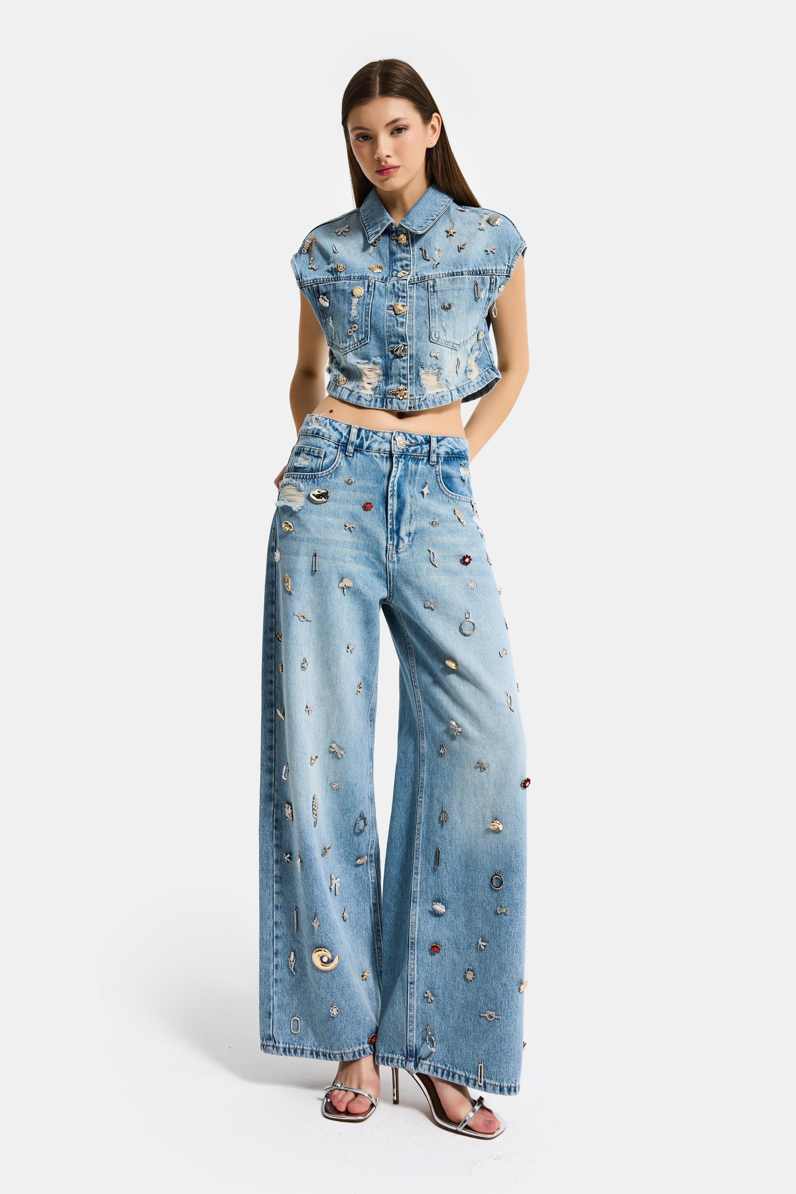 Kadın Kot Rengi 12s6-32 Mega Baggy Fit Özel Dikim Aksesuarlı Tasarım Denim Jean