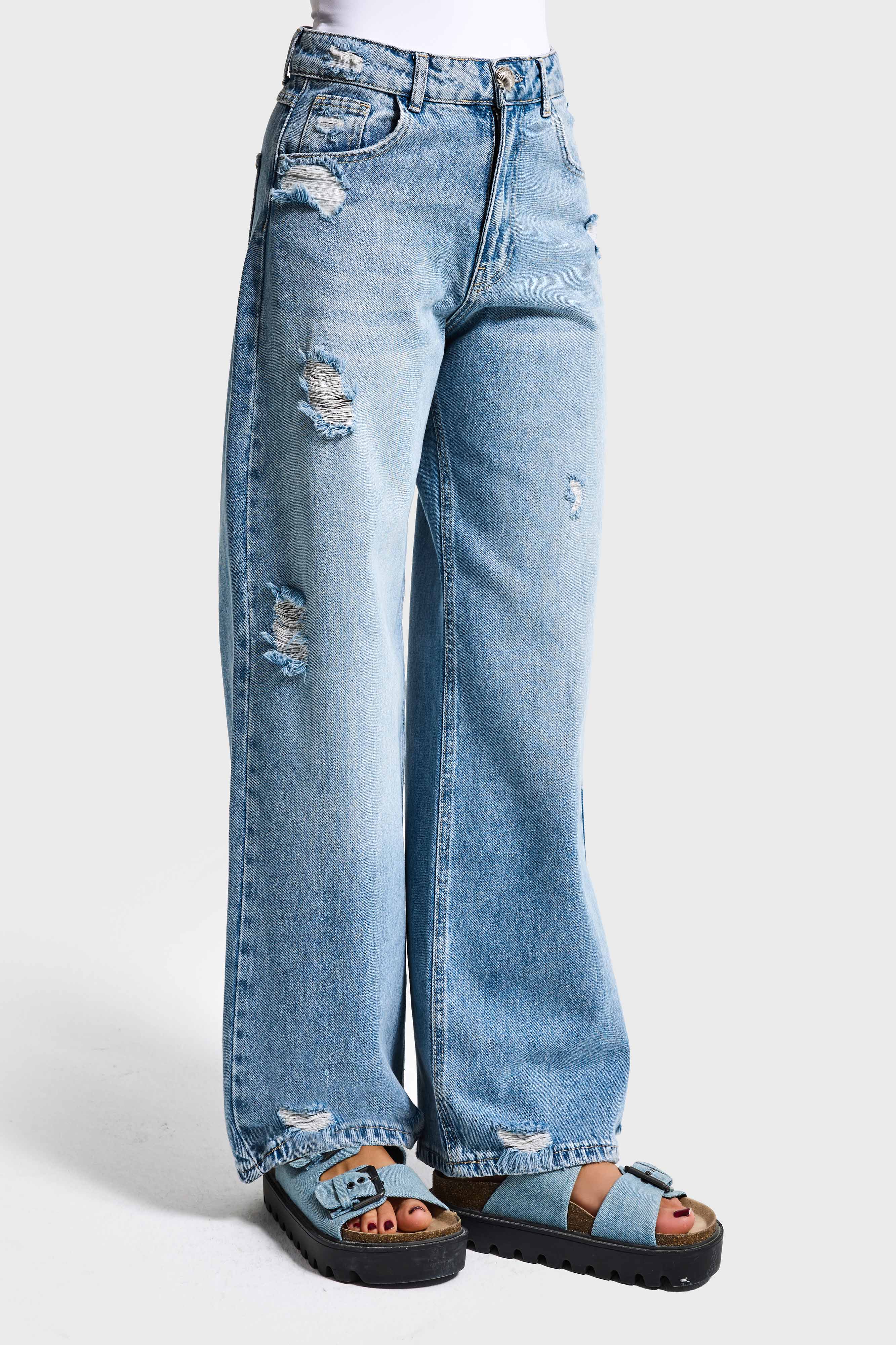 Kadın Kot Rengi 12s6-32 Mega Baggy Fit Yırtık Detaylı Denim Jean