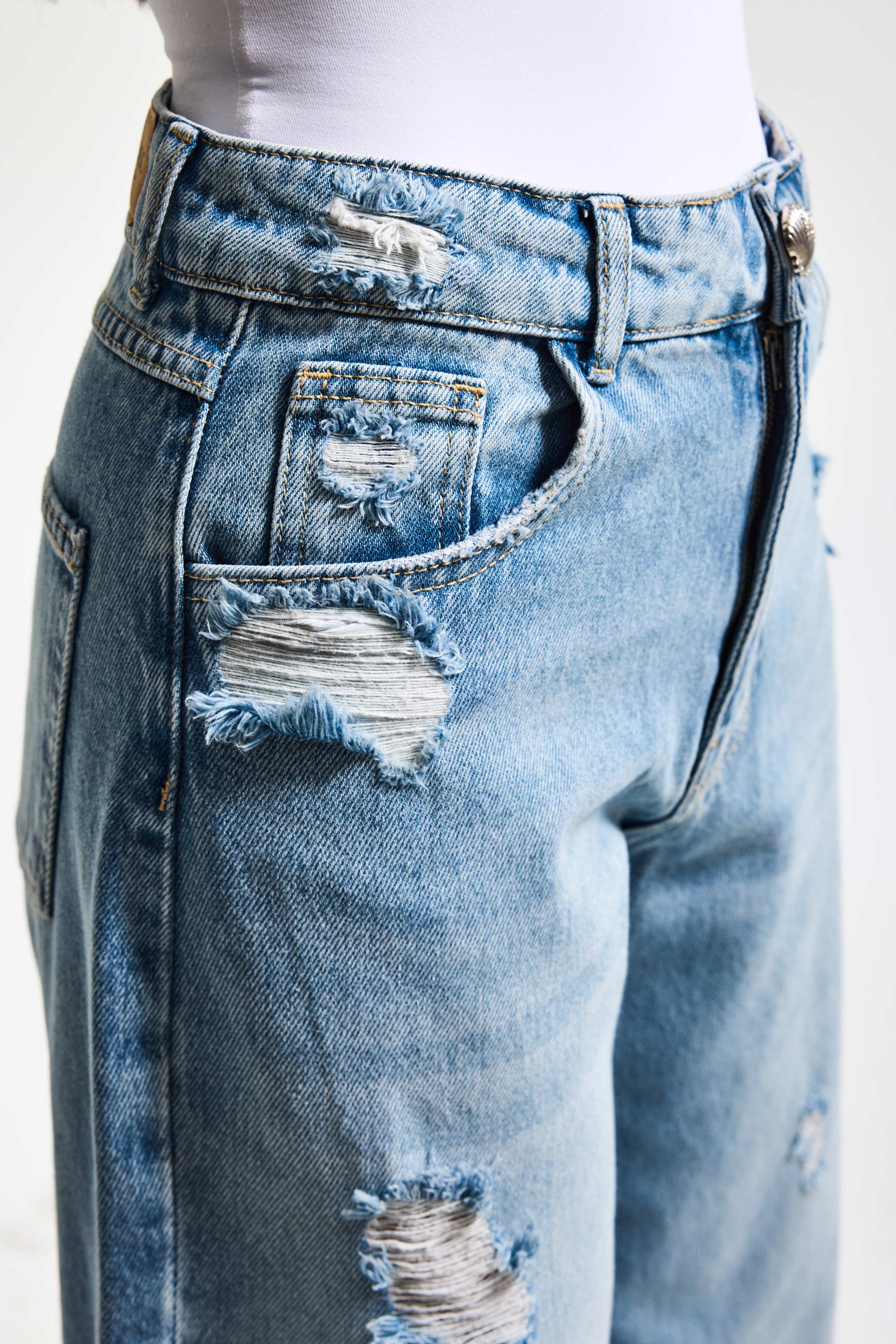 Kadın Kot Rengi 12s6-32 Mega Baggy Fit Yırtık Detaylı Denim Jean