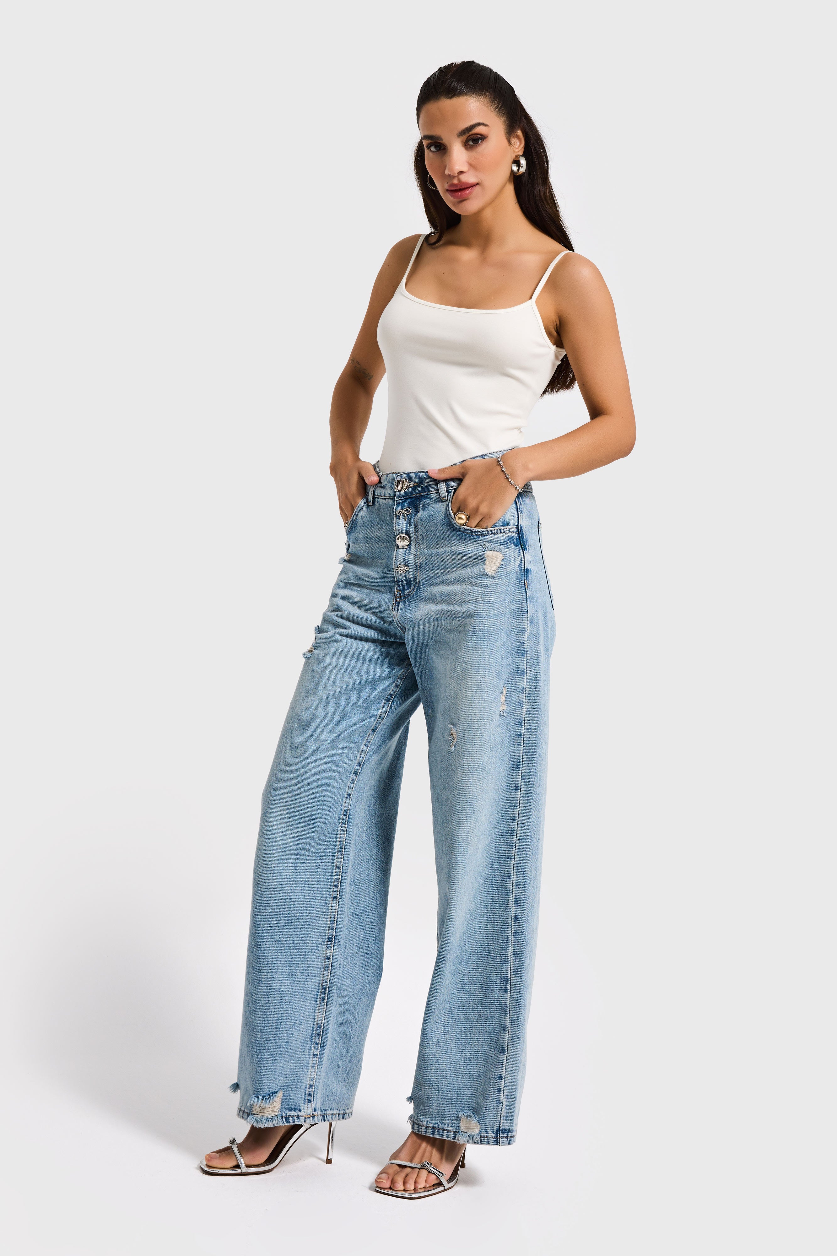 Kadın Kot Rengi 12s6-32 Relax Wide Leg Özel Aksesuar Detaylı Tasarım Denim Jean