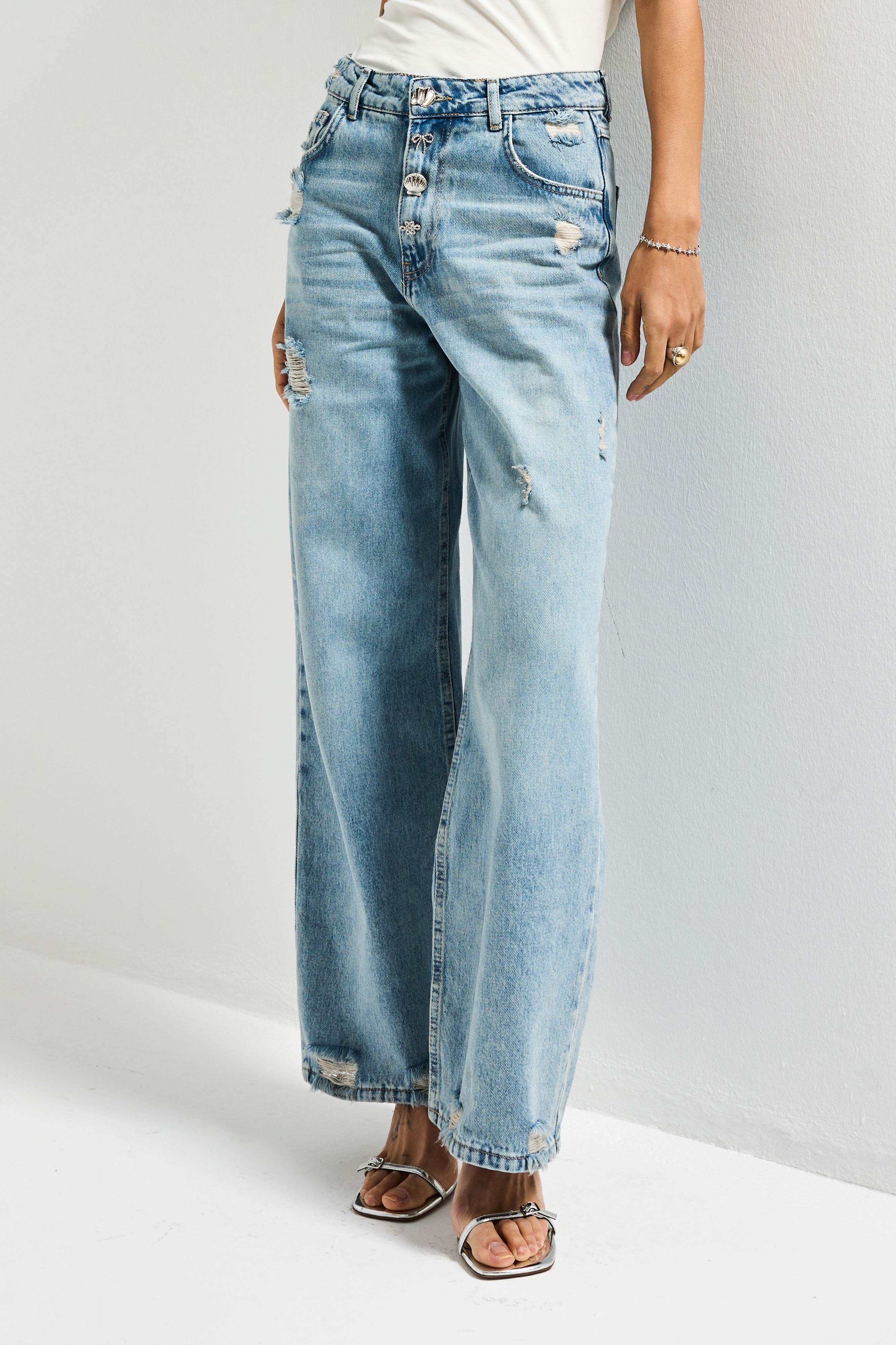 Kadın Kot Rengi 12s6-32 Relax Wide Leg Özel Aksesuar Detaylı Tasarım Denim Jean