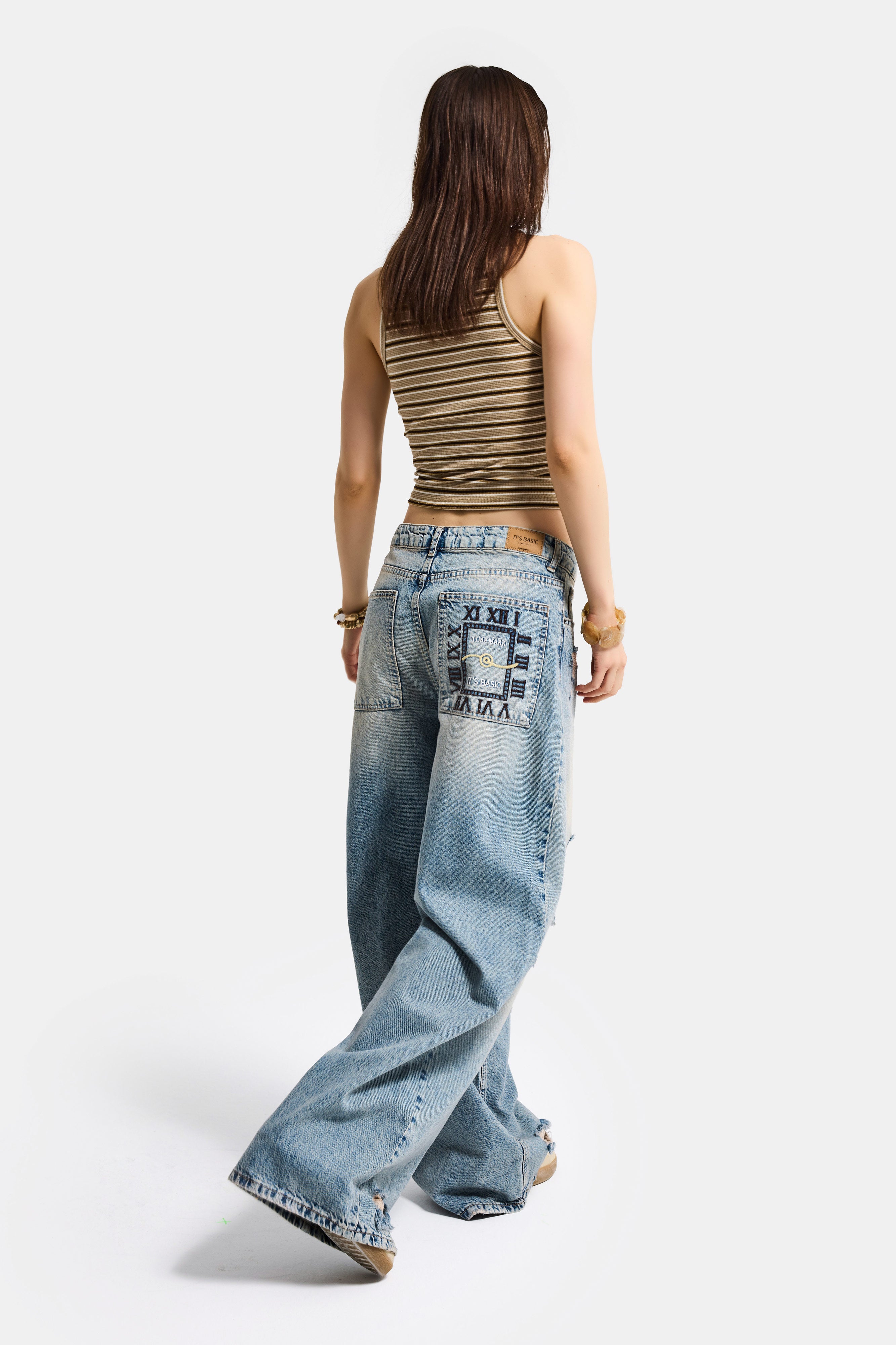 Kadın Kot Rengi 12s6-32 Süper Baggy Fit Yırtık ve Nakış Detaylı Özel Tasarım Denim Jean