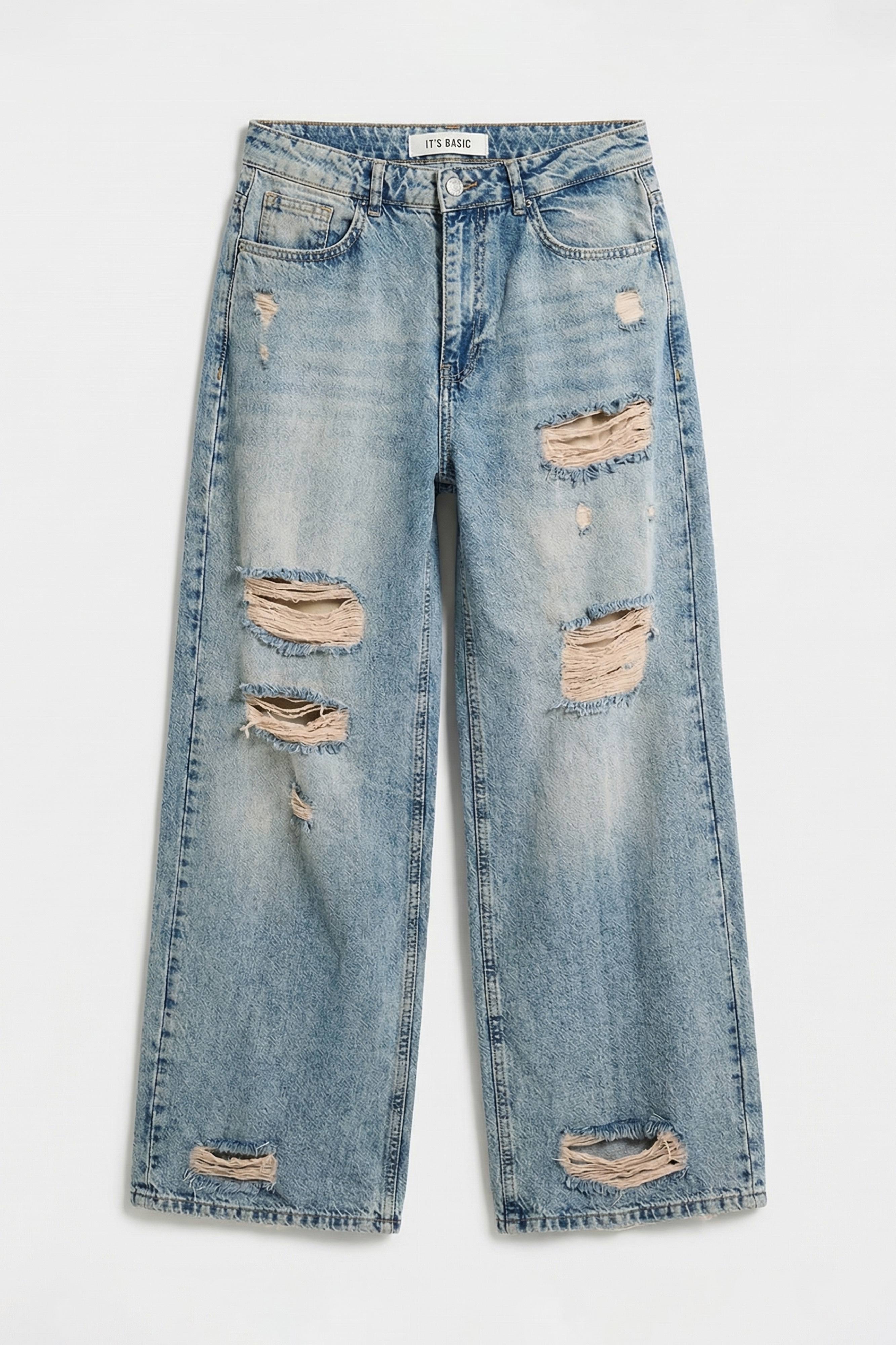 Kadın Kot Rengi 12s6-32 Süper Baggy Fit Yırtık ve Nakış Detaylı Özel Tasarım Denim Jean