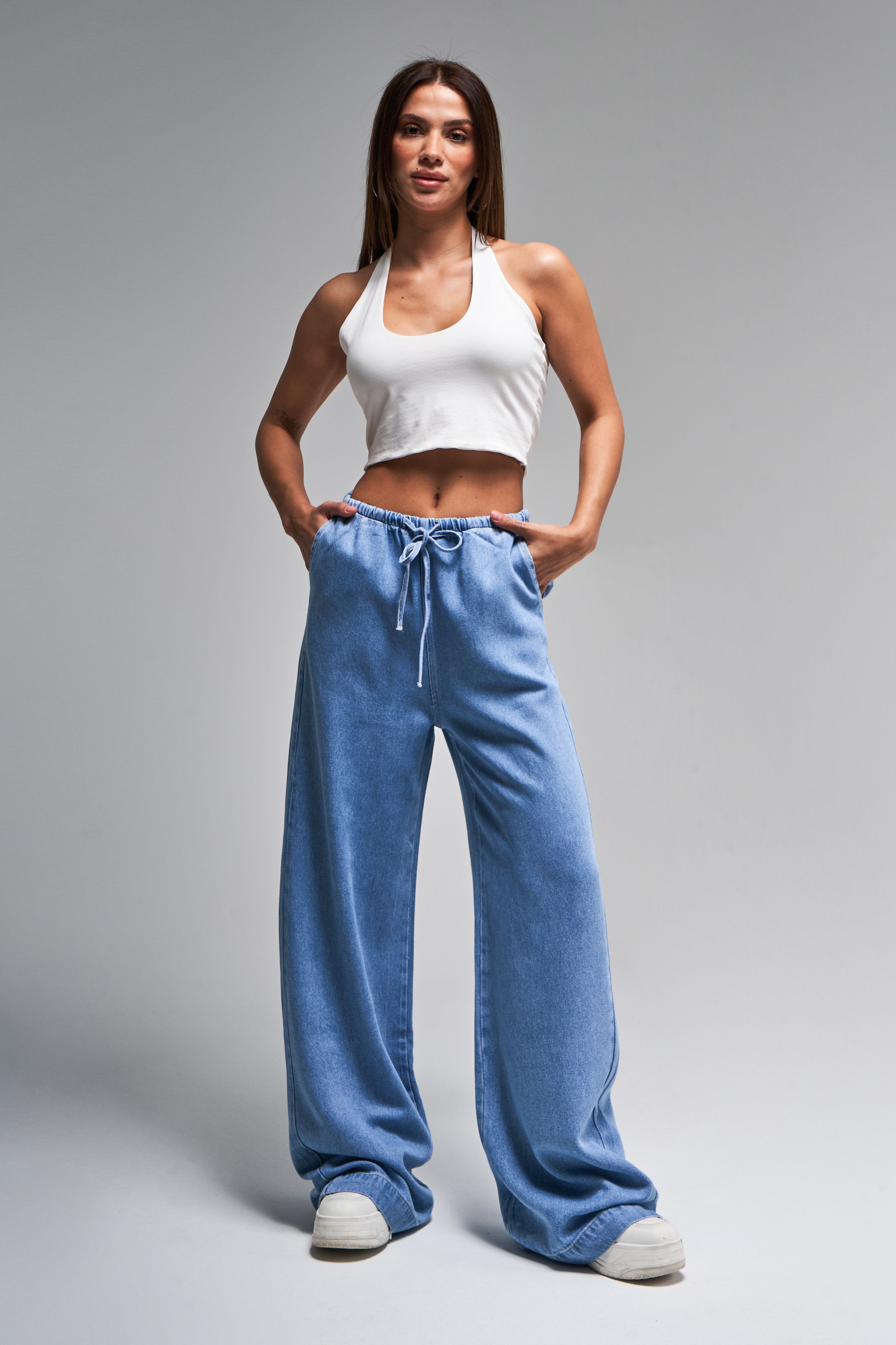 Kadın Kot Rengi 1s5-4 Beli Lastikli Süper Palazzo Fit %100 Koton Denim Jean