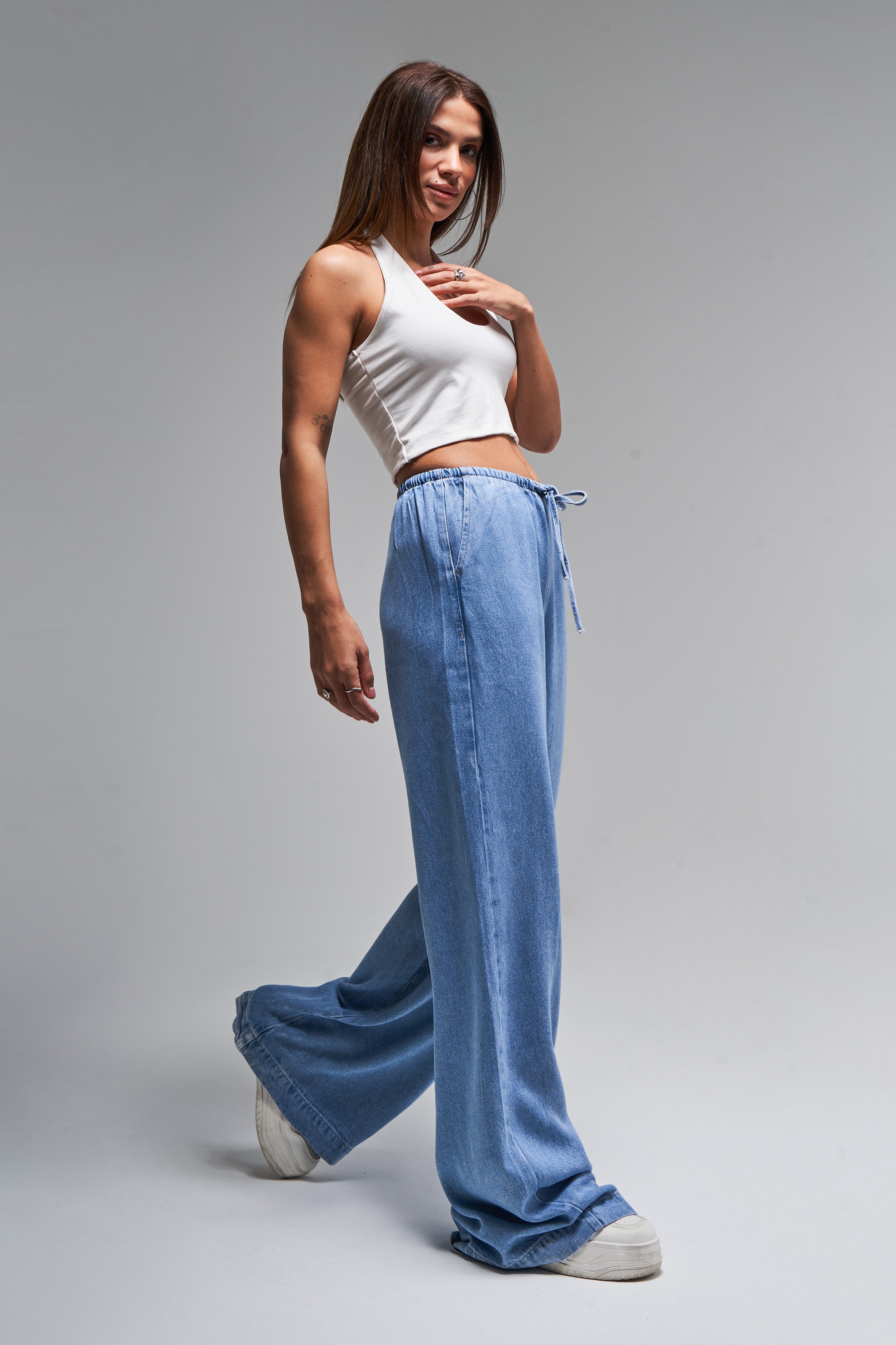 Kadın Kot Rengi 1s5-4 Beli Lastikli Süper Palazzo Fit %100 Koton Denim Jean