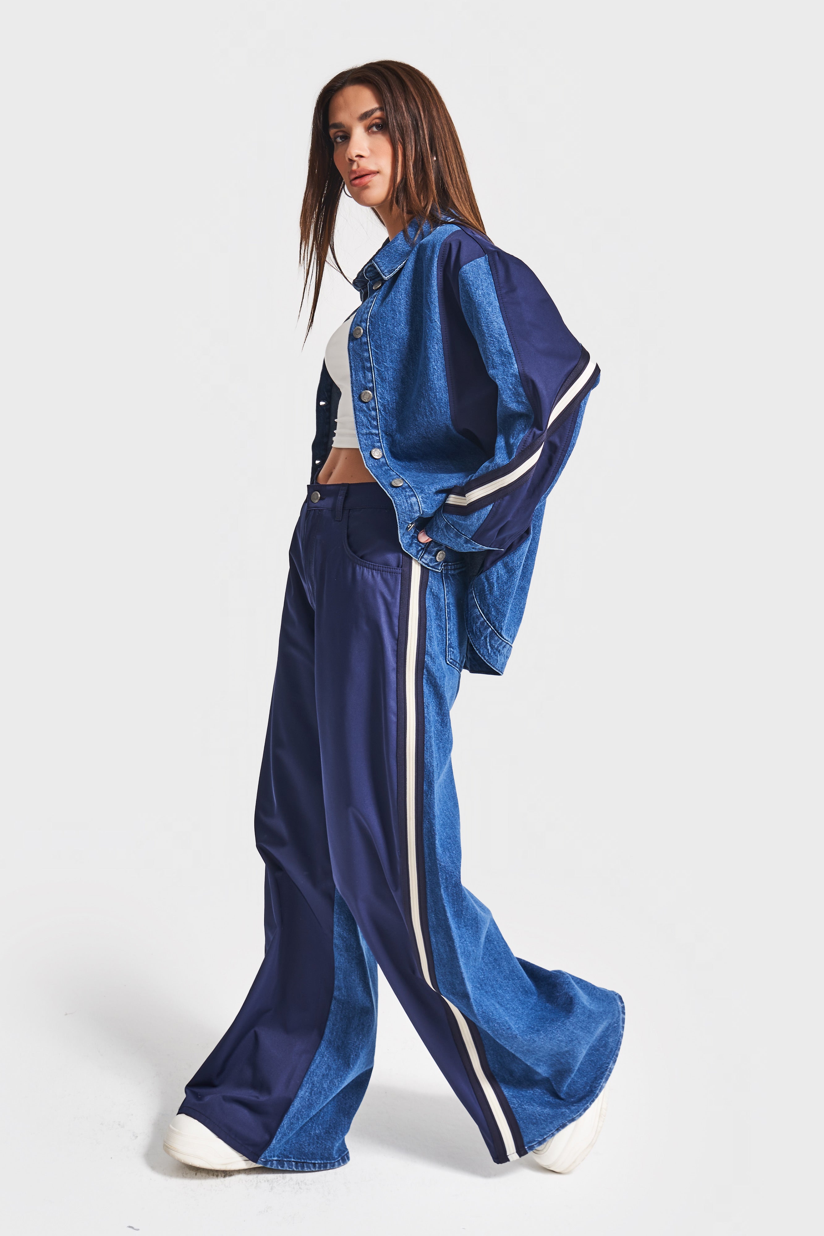 Kadın Kot Rengi 1w5-5 Palazzo Fit Bol Kesim Parçalı Kumaş Özel Tasarım Denim Pantolon