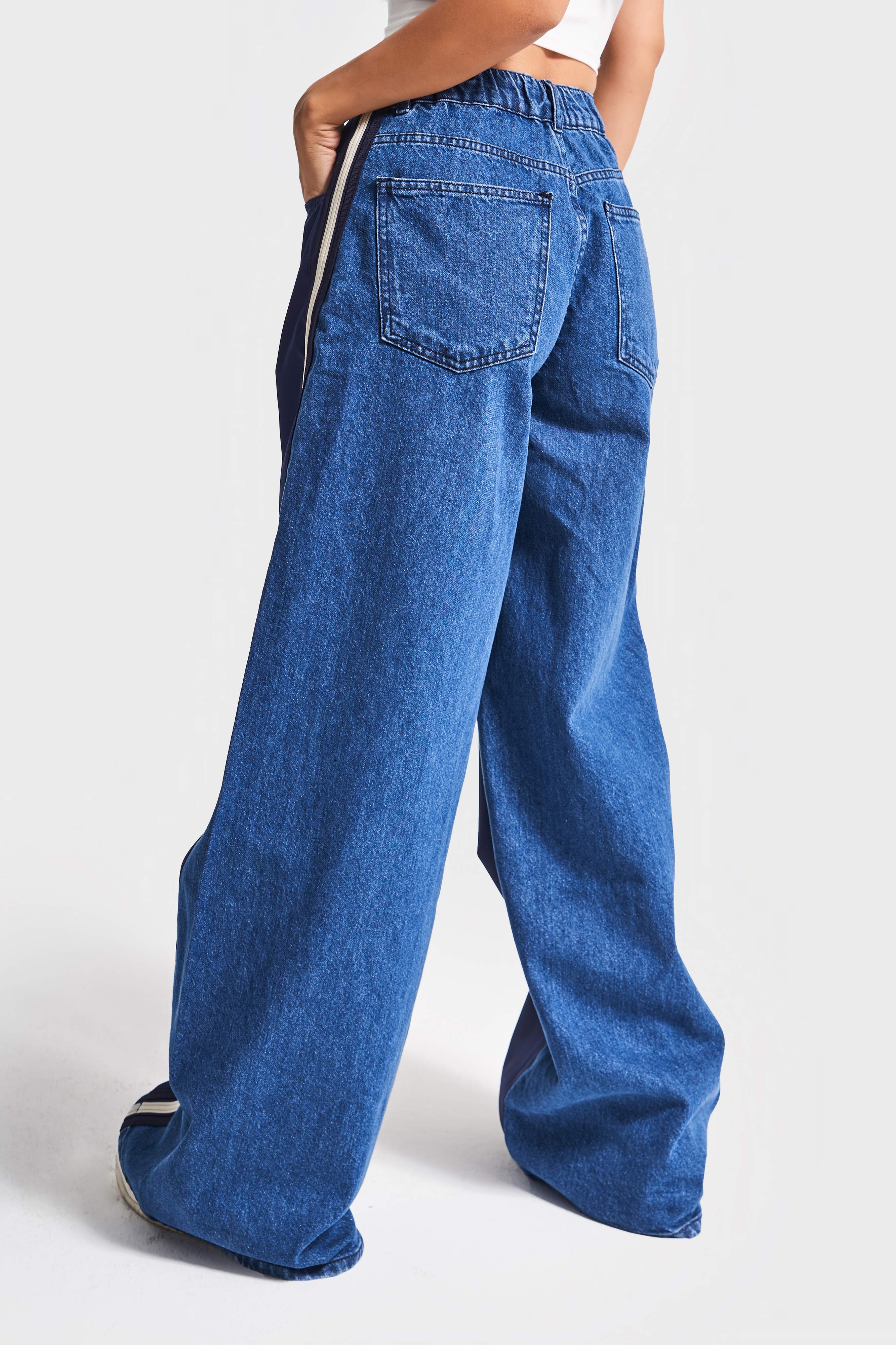 Kadın Kot Rengi 1w5-5 Palazzo Fit Bol Kesim Parçalı Kumaş Özel Tasarım Denim Pantolon