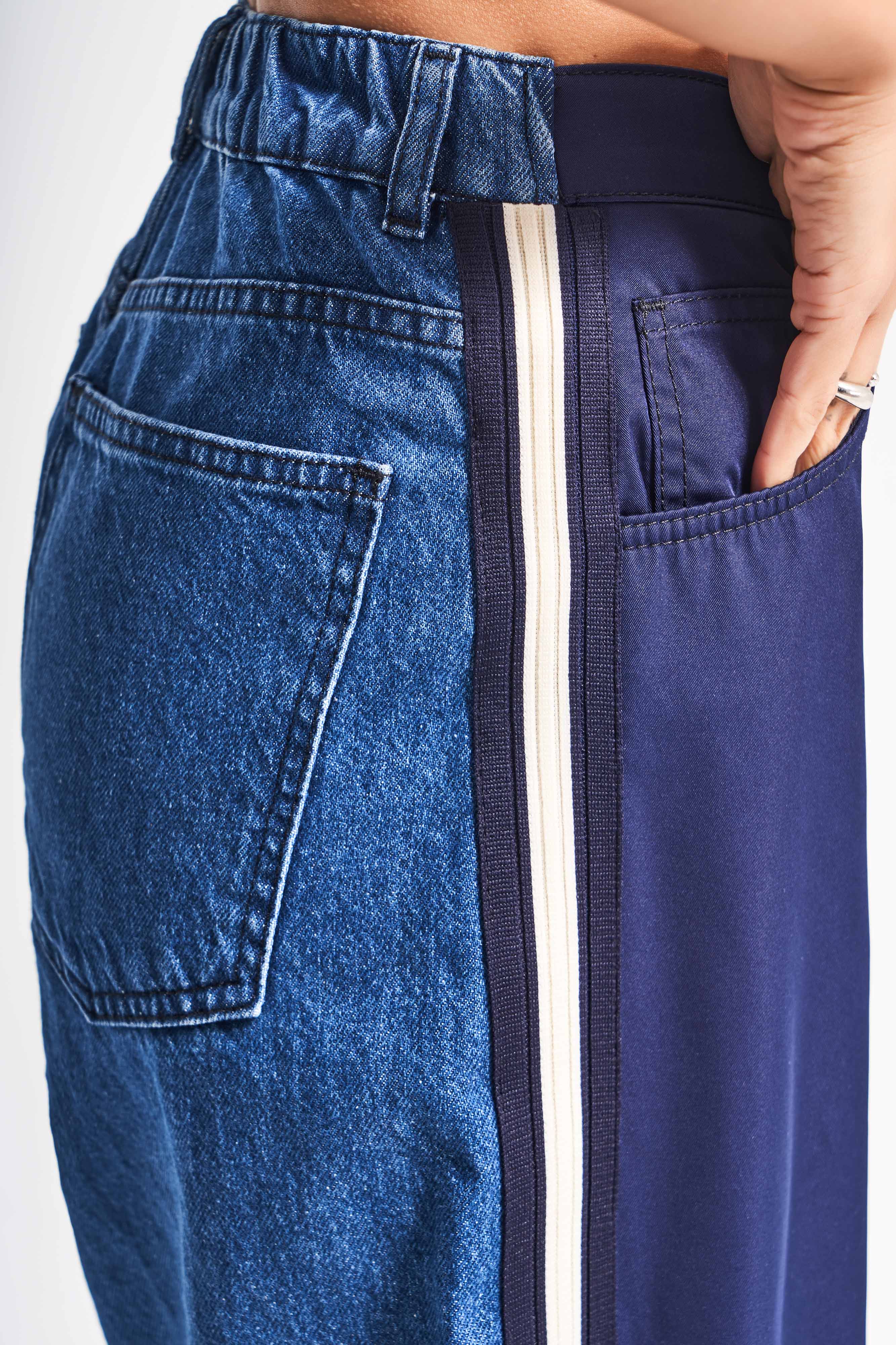 Kadın Kot Rengi 1w5-5 Palazzo Fit Bol Kesim Parçalı Kumaş Özel Tasarım Denim Pantolon