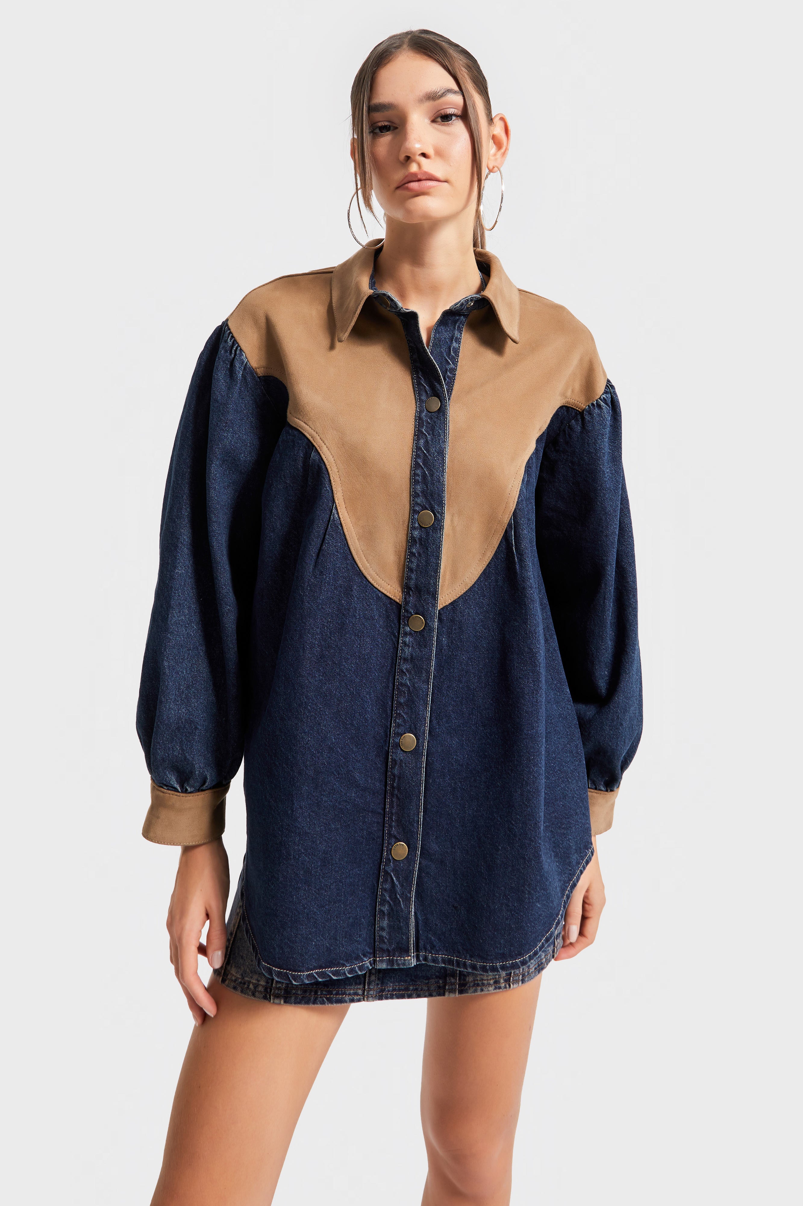 Kadın Kot Rengi 1w5-8 Oversize Süet Denim Karışımlı Özel Tasarım Gömlek