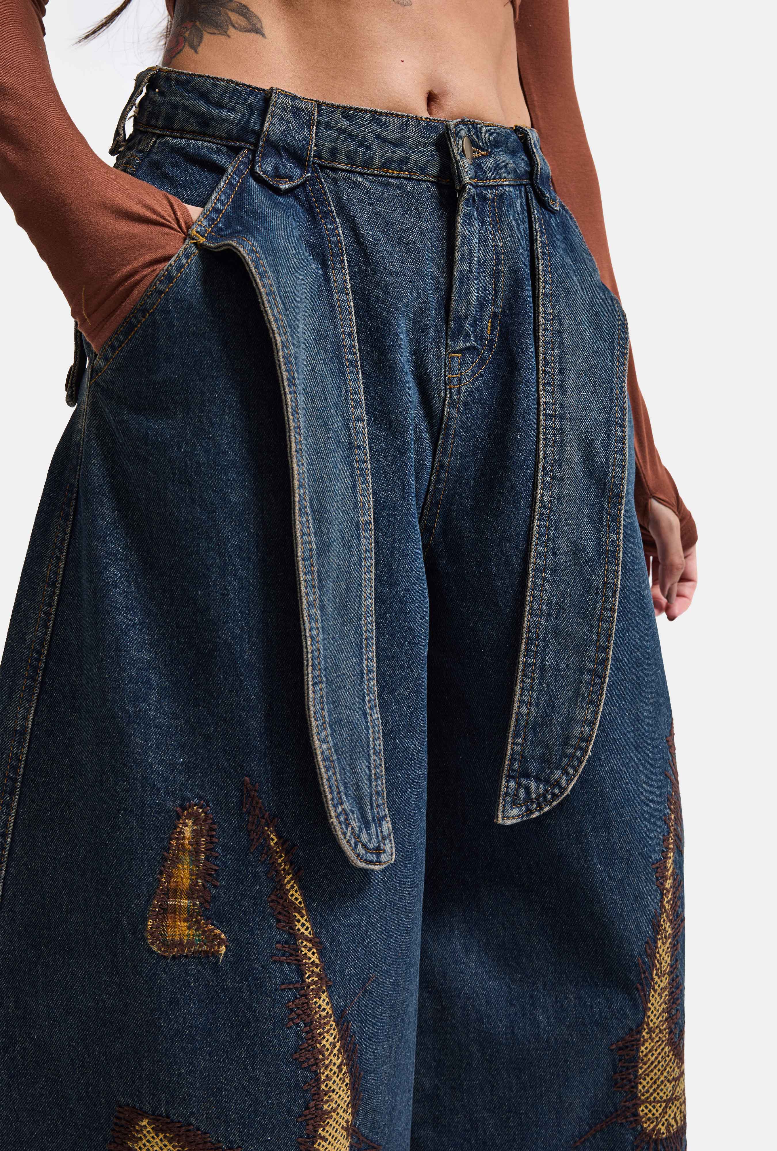 Kadın Kot Rengi 1w6-8 Barrel Fit Kemer ve Nakış Detaylı Özel Tasarım Denim Jean