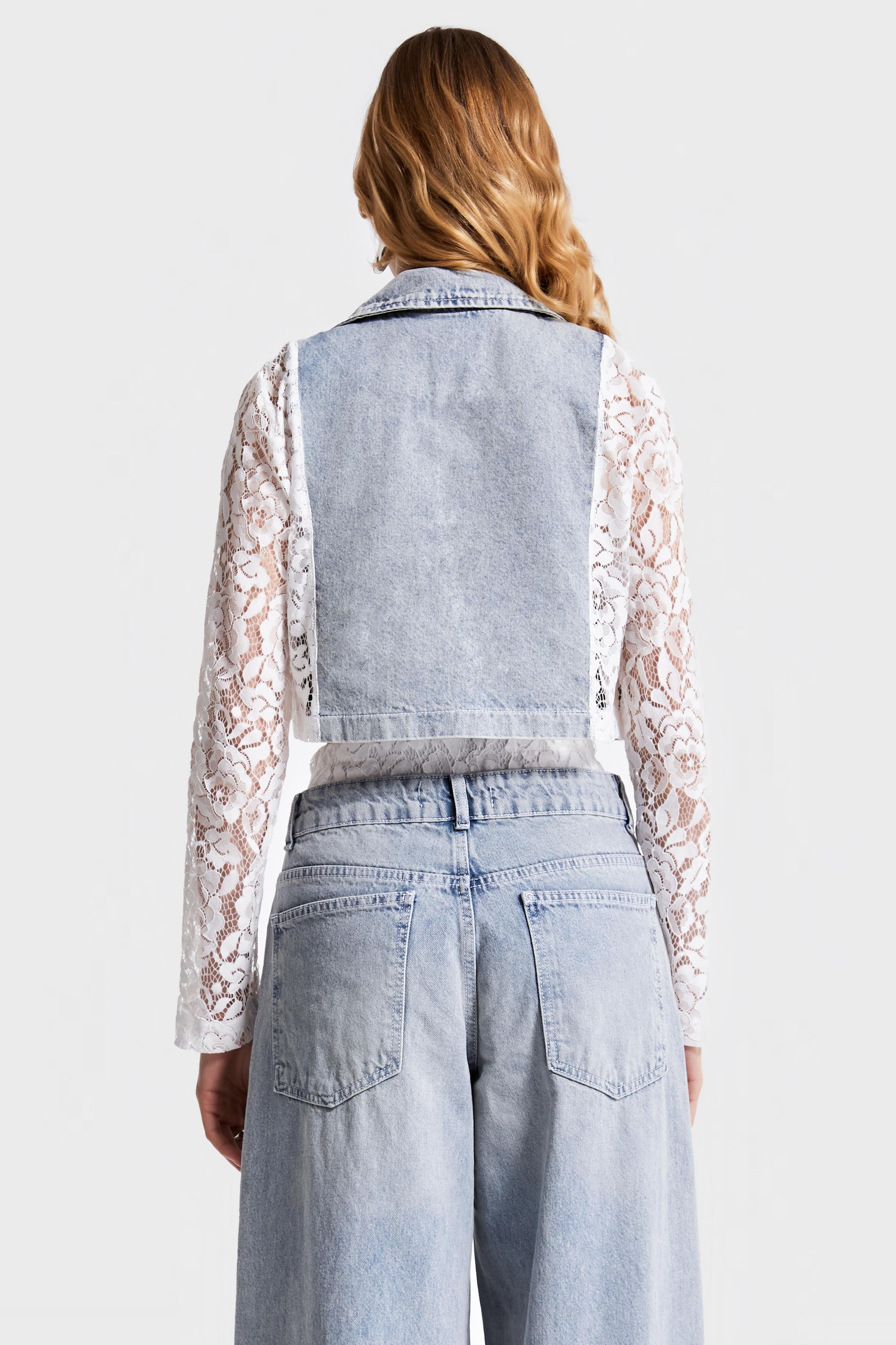 Women's Denim Color 2S532 Lace Sleeve Design Crop Jacket