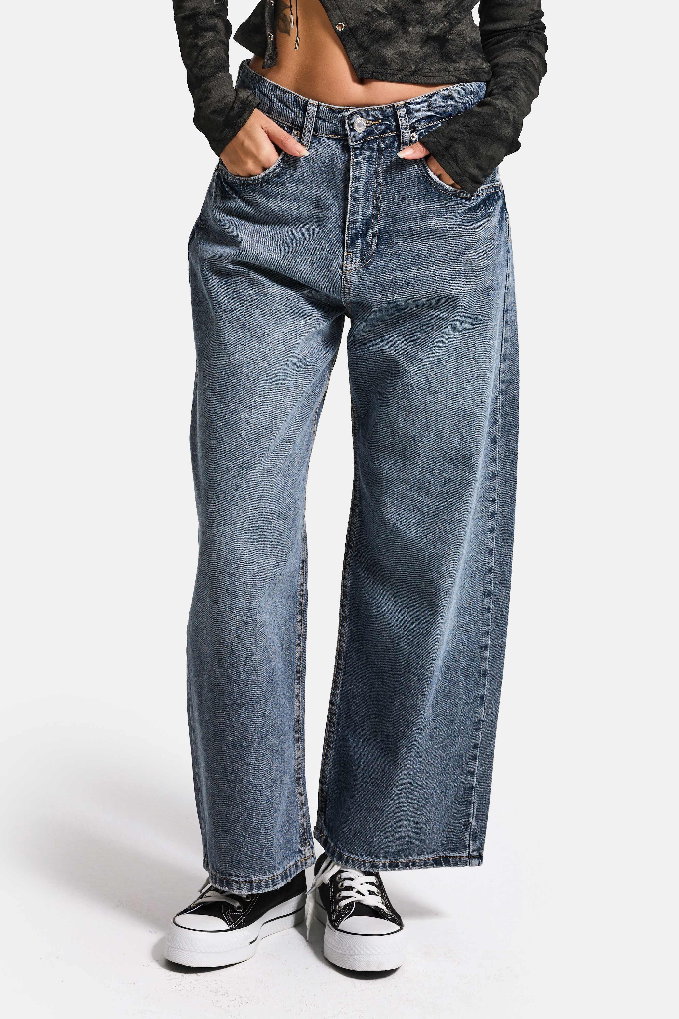 Kadın Kot Rengi 2s6-124 Baggy Low Rise Bol Kesim %100 Koton Denim Jean