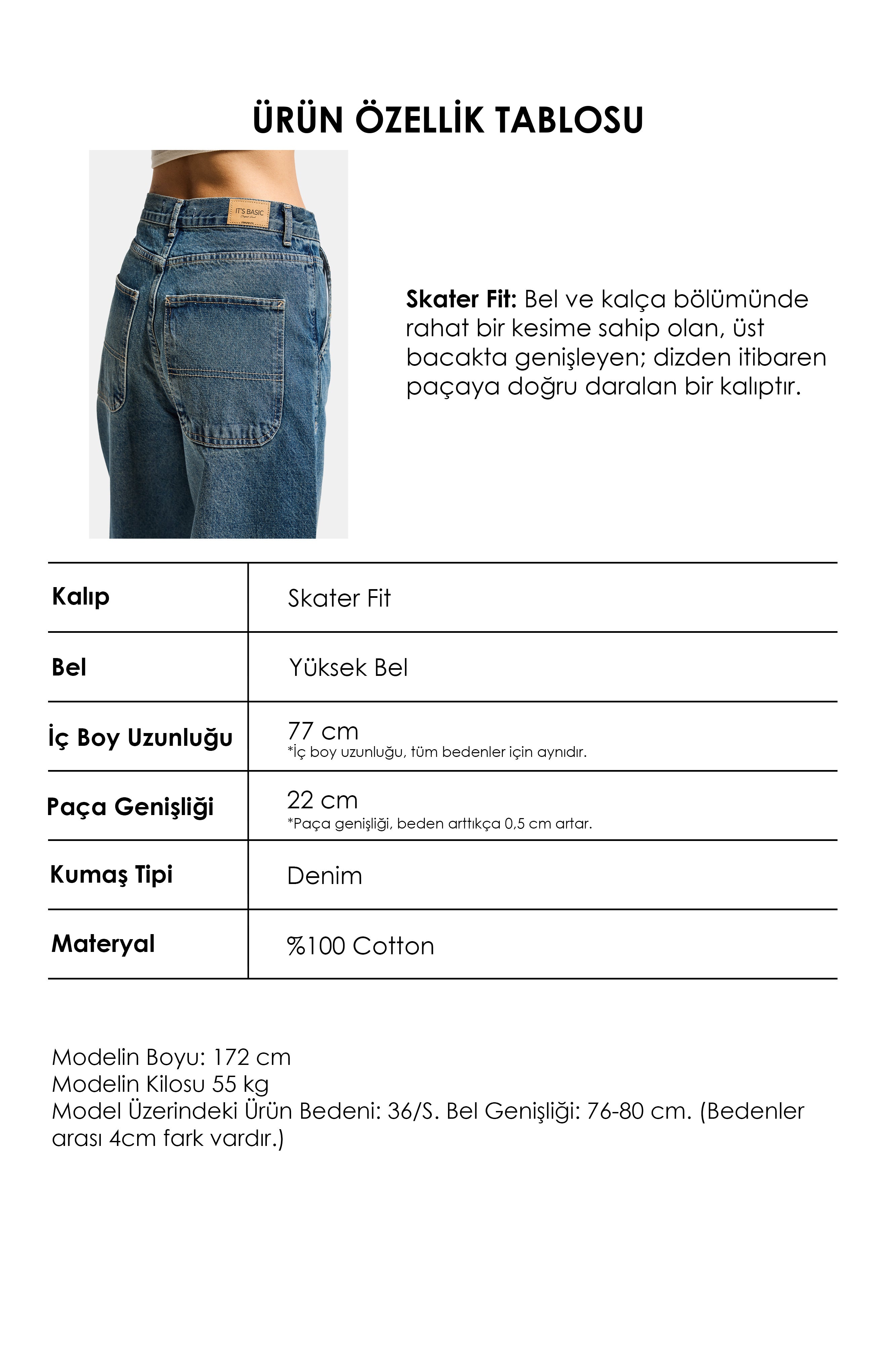 Kadın Kot Rengi 2s6-8 Skater Fit Bol Kesim %100 Koton Denim Jean