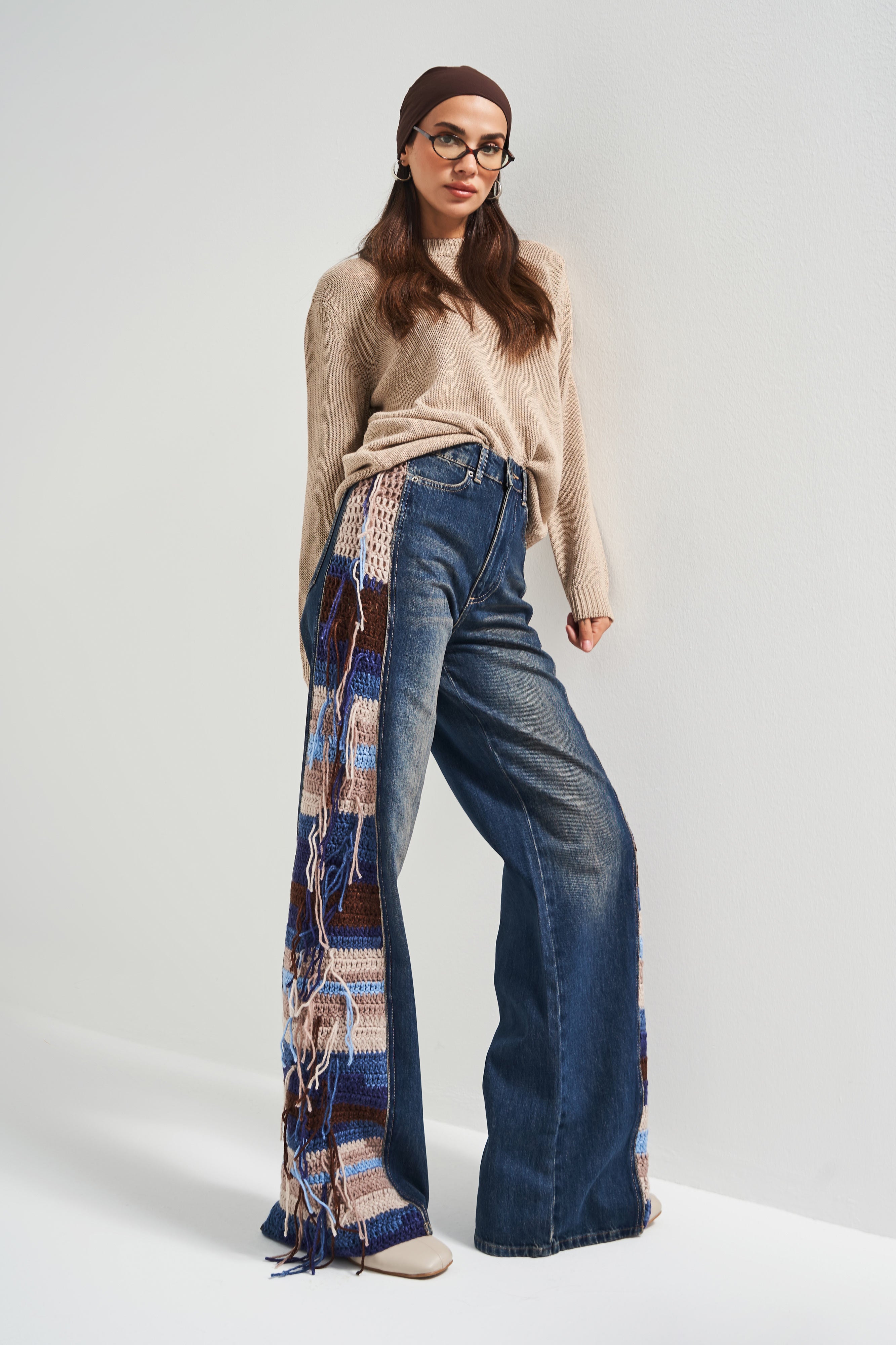 Kadın Kot Rengi 2w5-8 Flare Palazzo Fit Etnik Örme Detaylı Viskon Kumaş Özel Tasarım Denim Jean