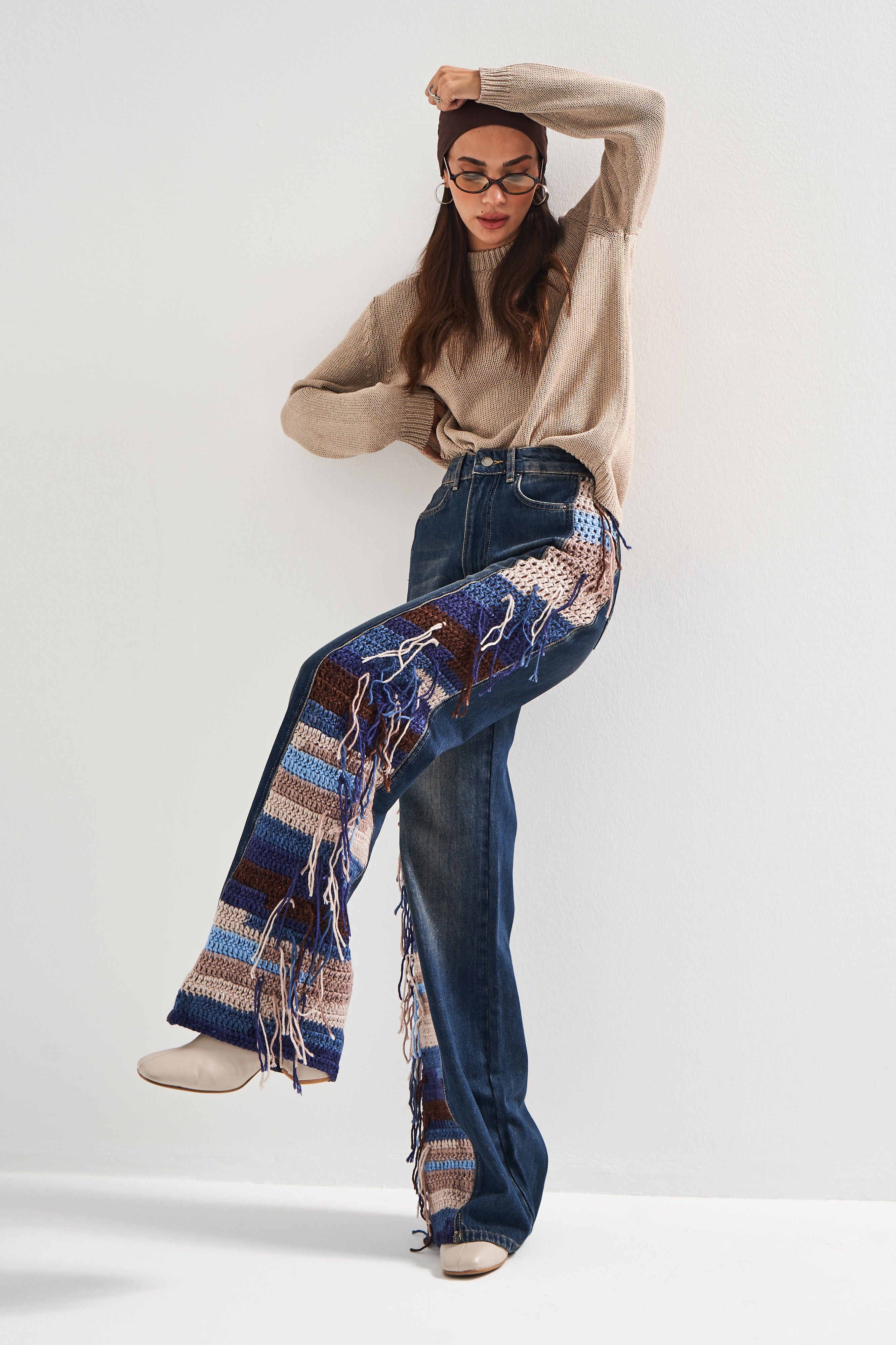 Kadın Kot Rengi 2w5-8 Flare Palazzo Fit Etnik Örme Detaylı Viskon Kumaş Özel Tasarım Denim Jean