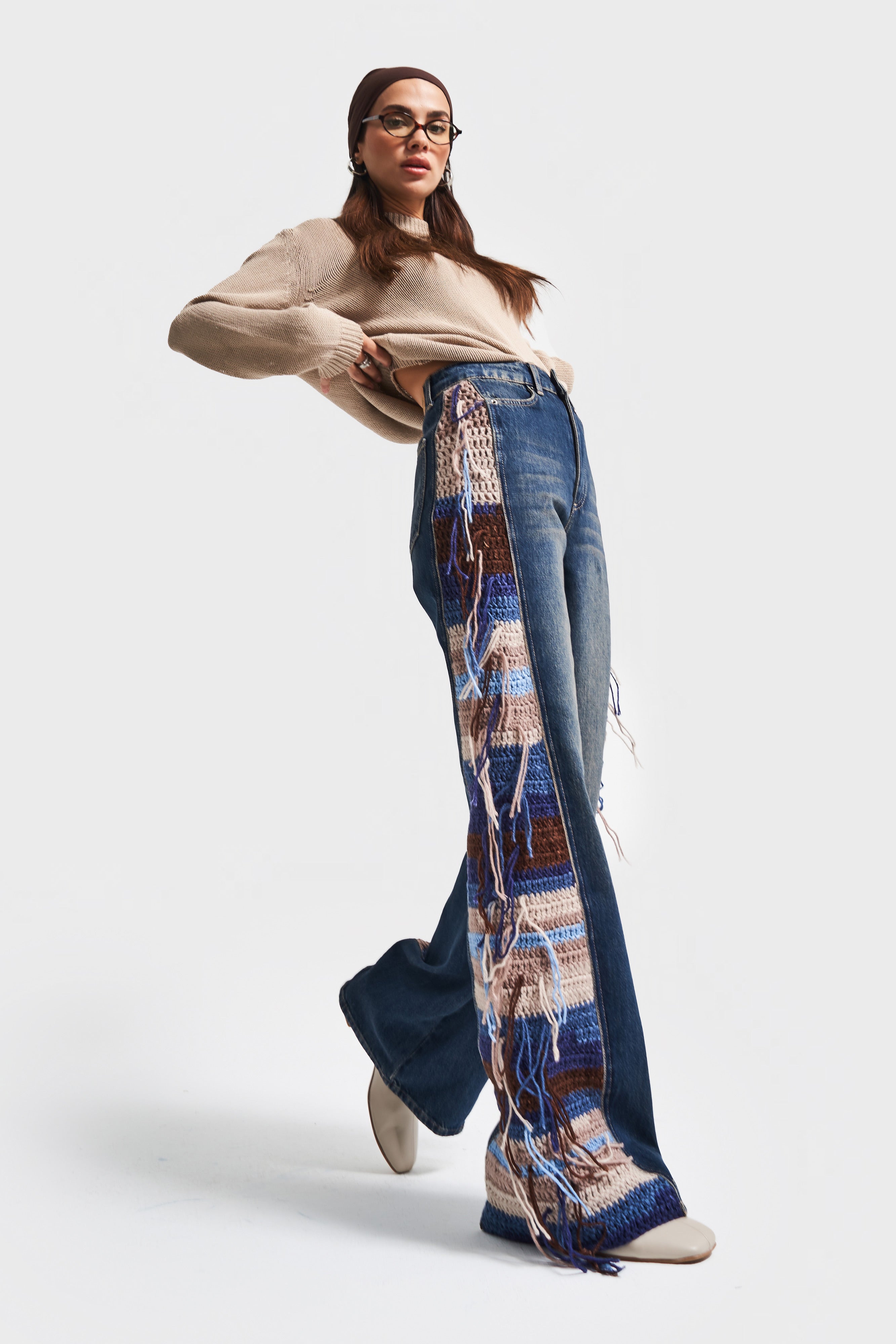 Kadın Kot Rengi 2w5-8 Flare Palazzo Fit Etnik Örme Detaylı Viskon Kumaş Özel Tasarım Denim Jean