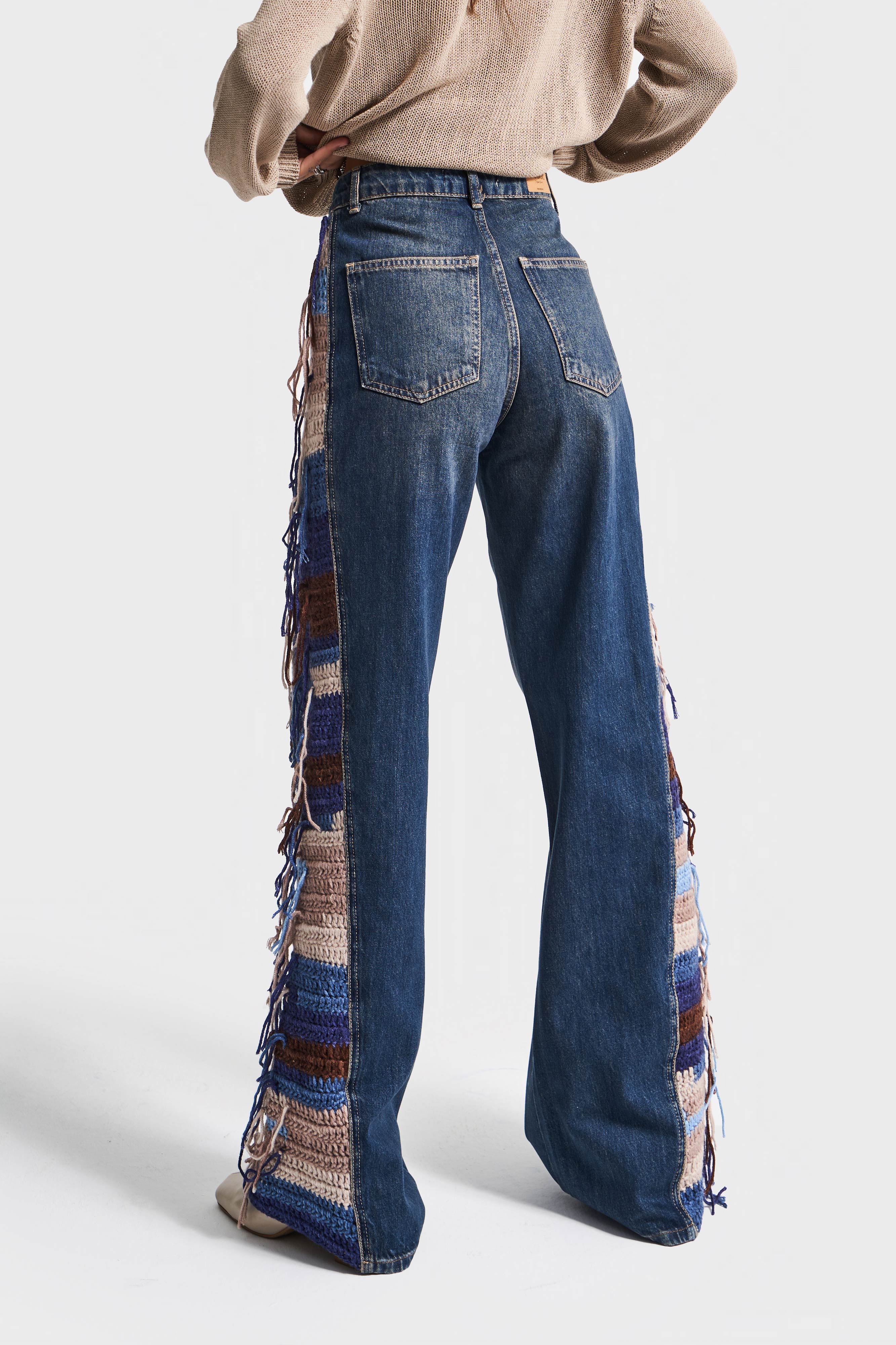 Kadın Kot Rengi 2w5-8 Flare Palazzo Fit Etnik Örme Detaylı Viskon Kumaş Özel Tasarım Denim Jean