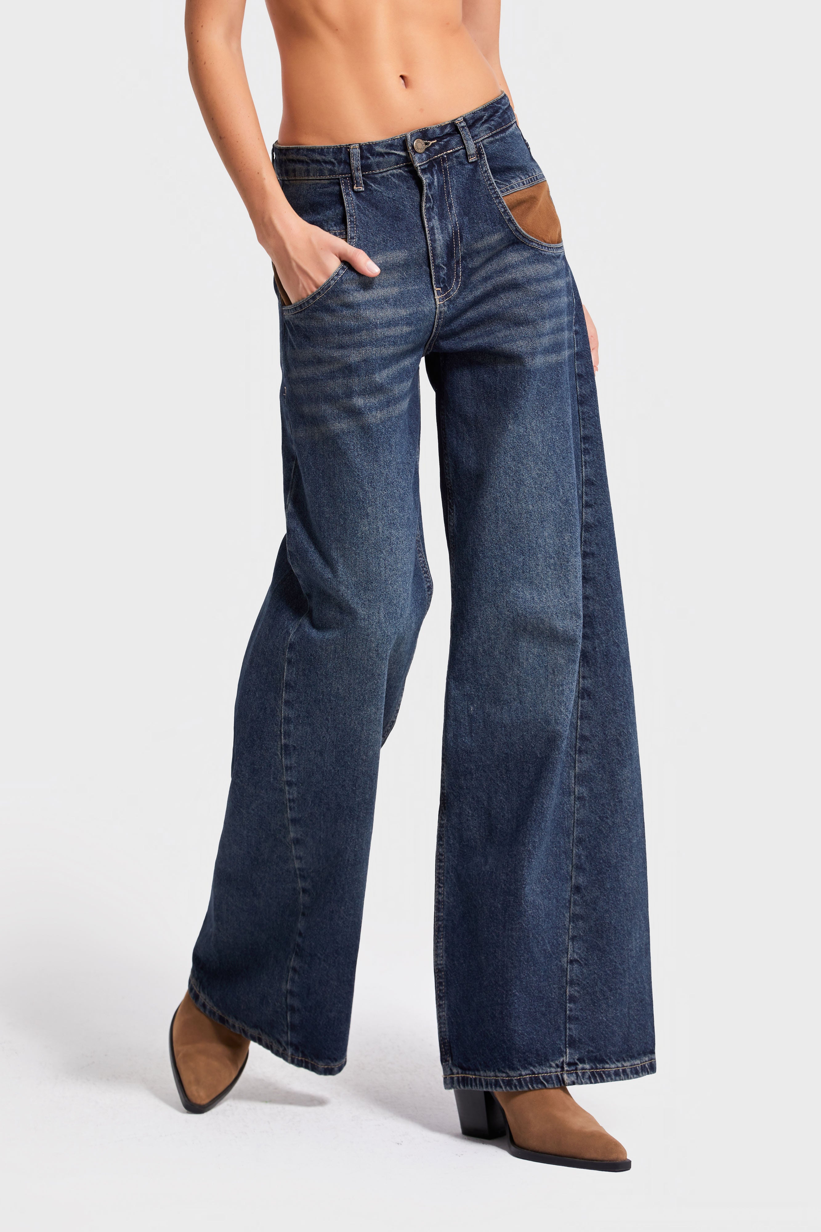 Kadın Kot Rengi 2w5-8 Palazzo Fit Cep Detaylı Süper Bol Kesim %100 Koton İç Boy 83cm Denim Jean