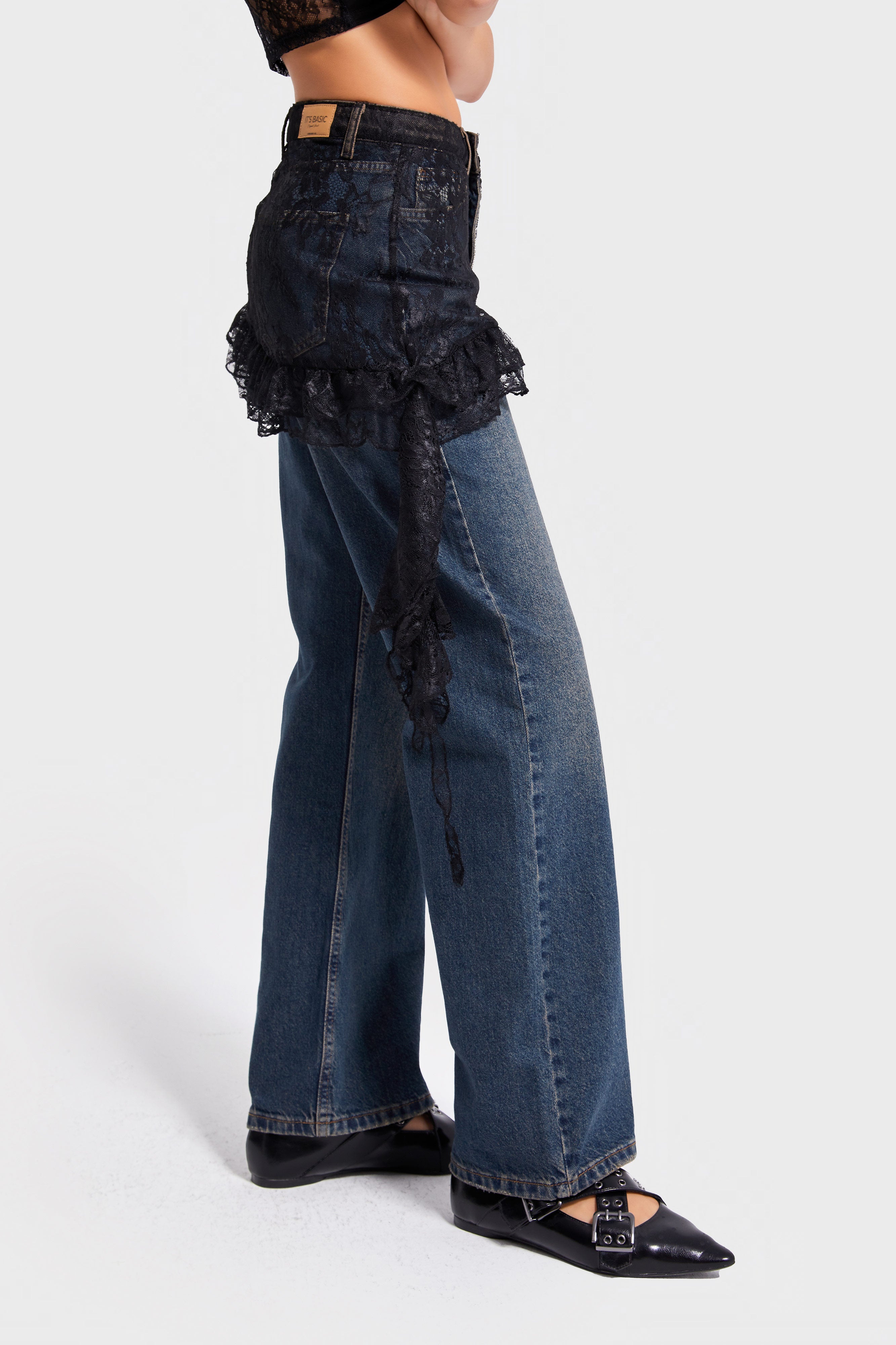 Kadın Kot Rengi 2w5-8 Straight Fit %100 Koton Dantel Detaylı Etek Özel Tasarım Denim Jean
