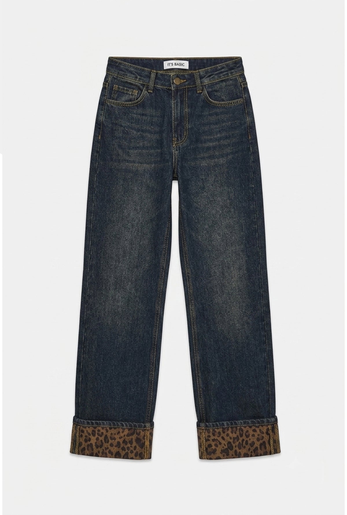 Kadın Kot Rengi 2w6-8 Straight Turn Up Paça Leopar Detaylı Tasarım Denim Jean