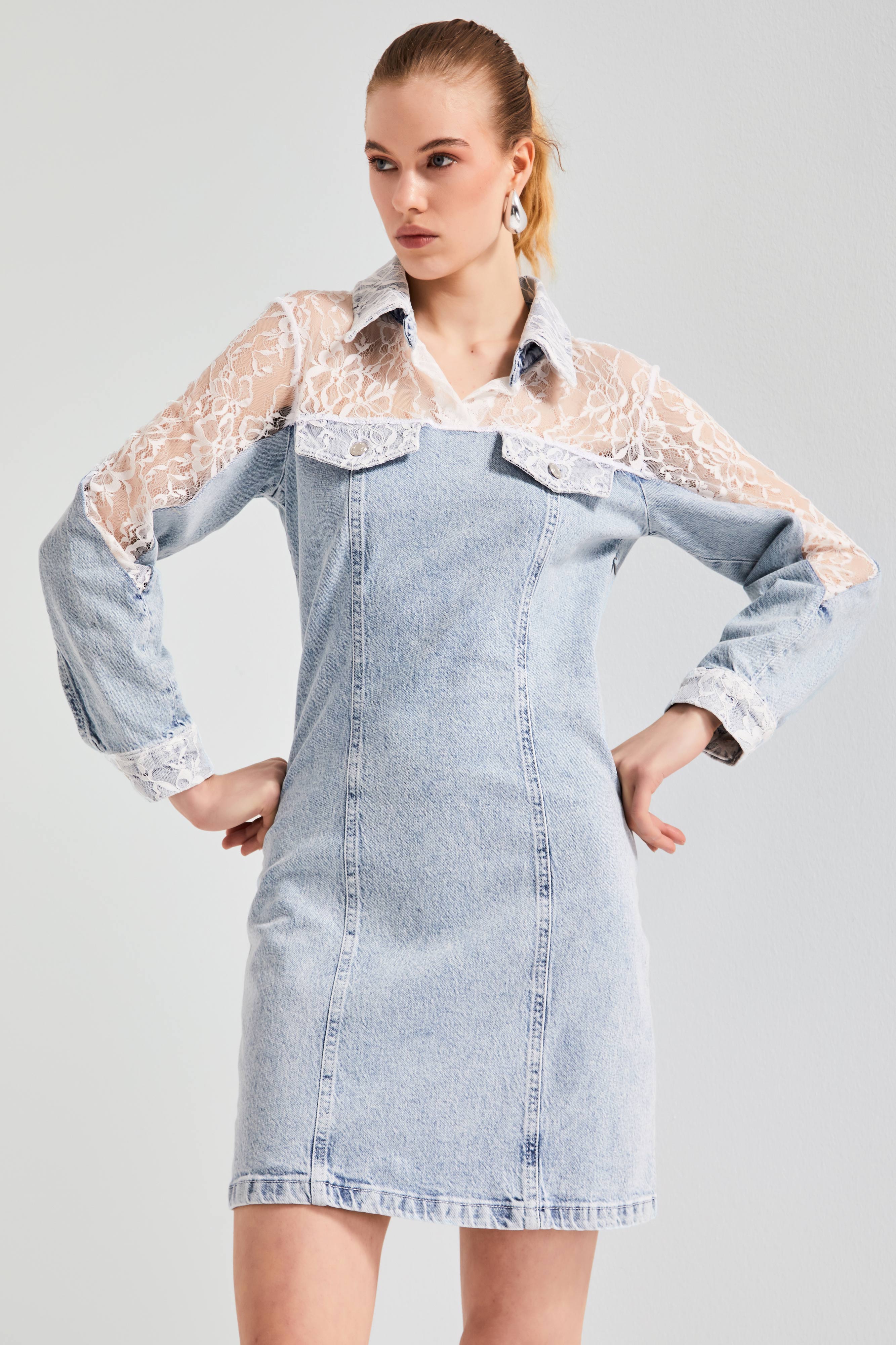 Women's Denim Color 3S5-27 Lace Straight Fit Midi Length Denim Dress