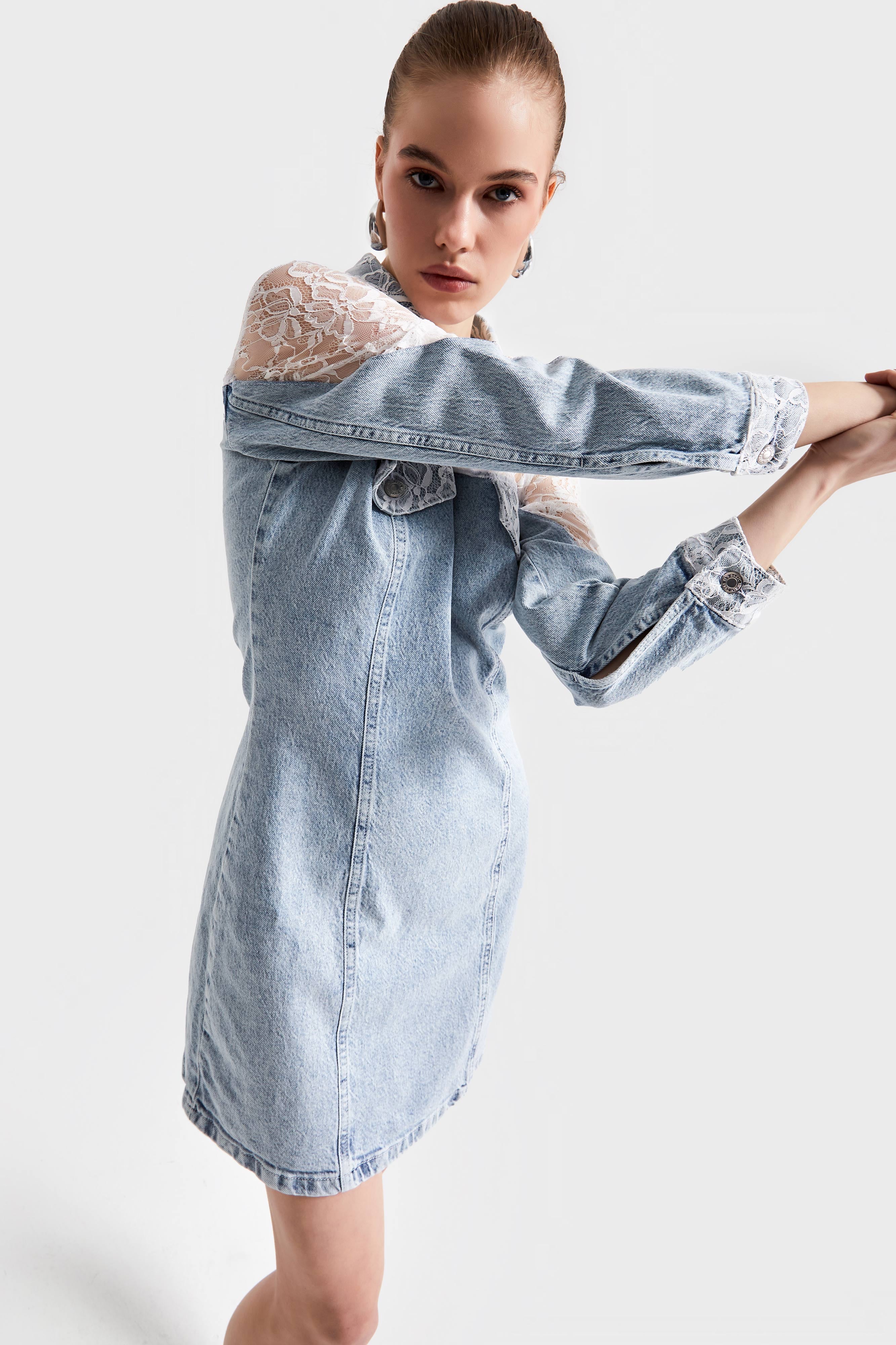 Women's Denim Color 3S5-27 Lace Straight Fit Midi Length Denim Dress