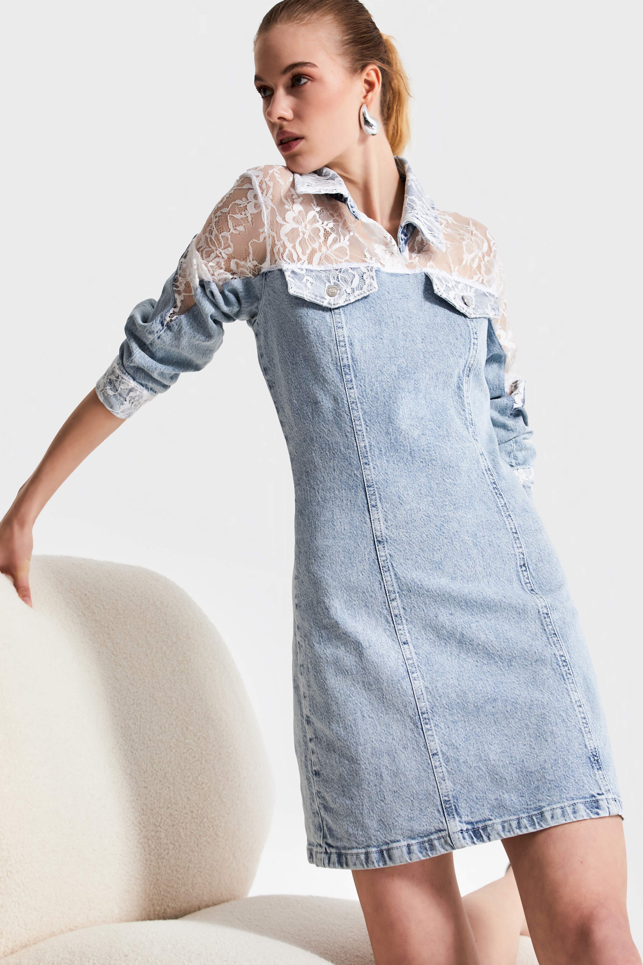 Women's Denim Color 3S5-27 Lace Straight Fit Midi Length Denim Dress
