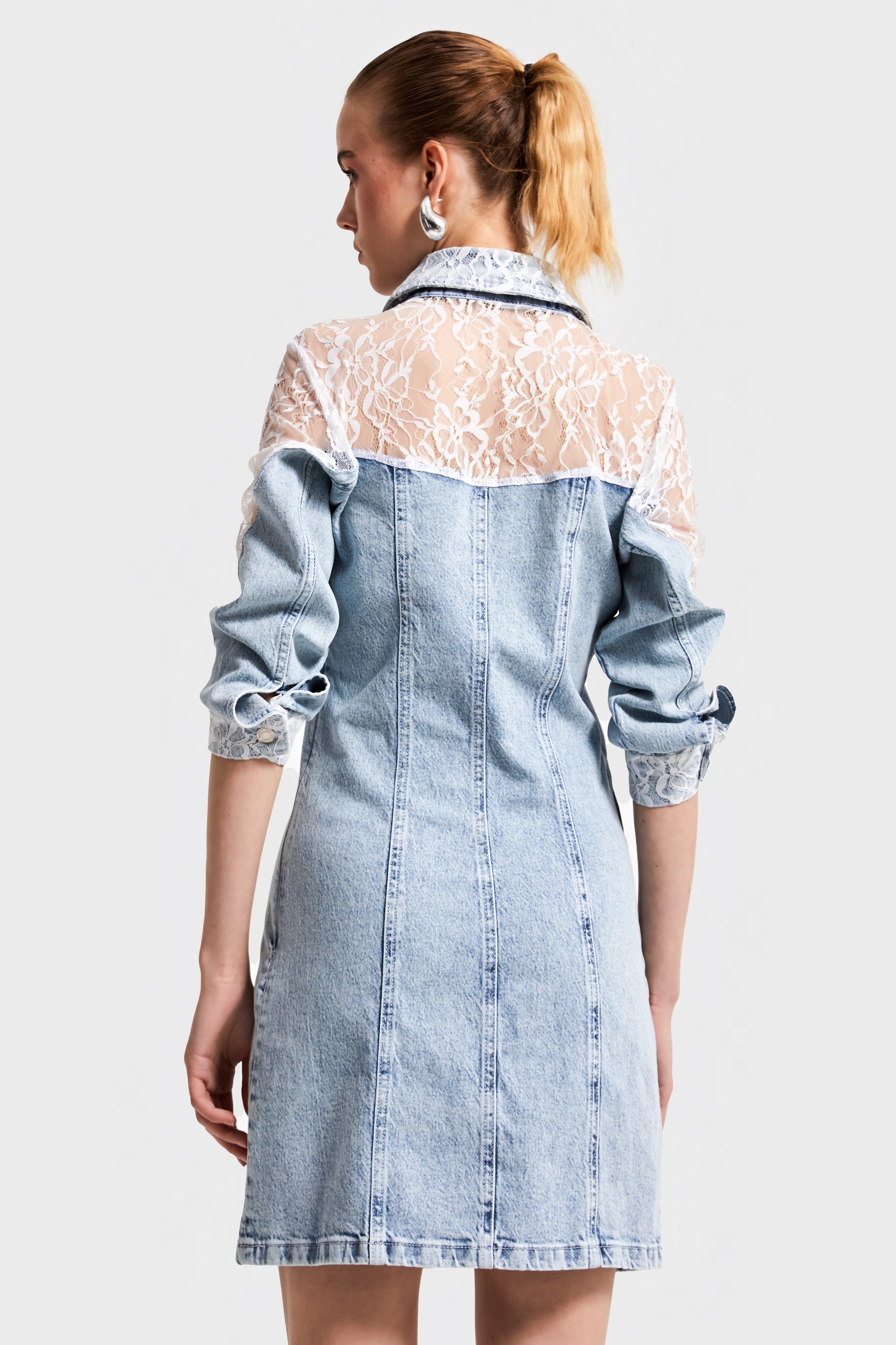 Women's Denim Color 3S5-27 Lace Straight Fit Midi Length Denim Dress