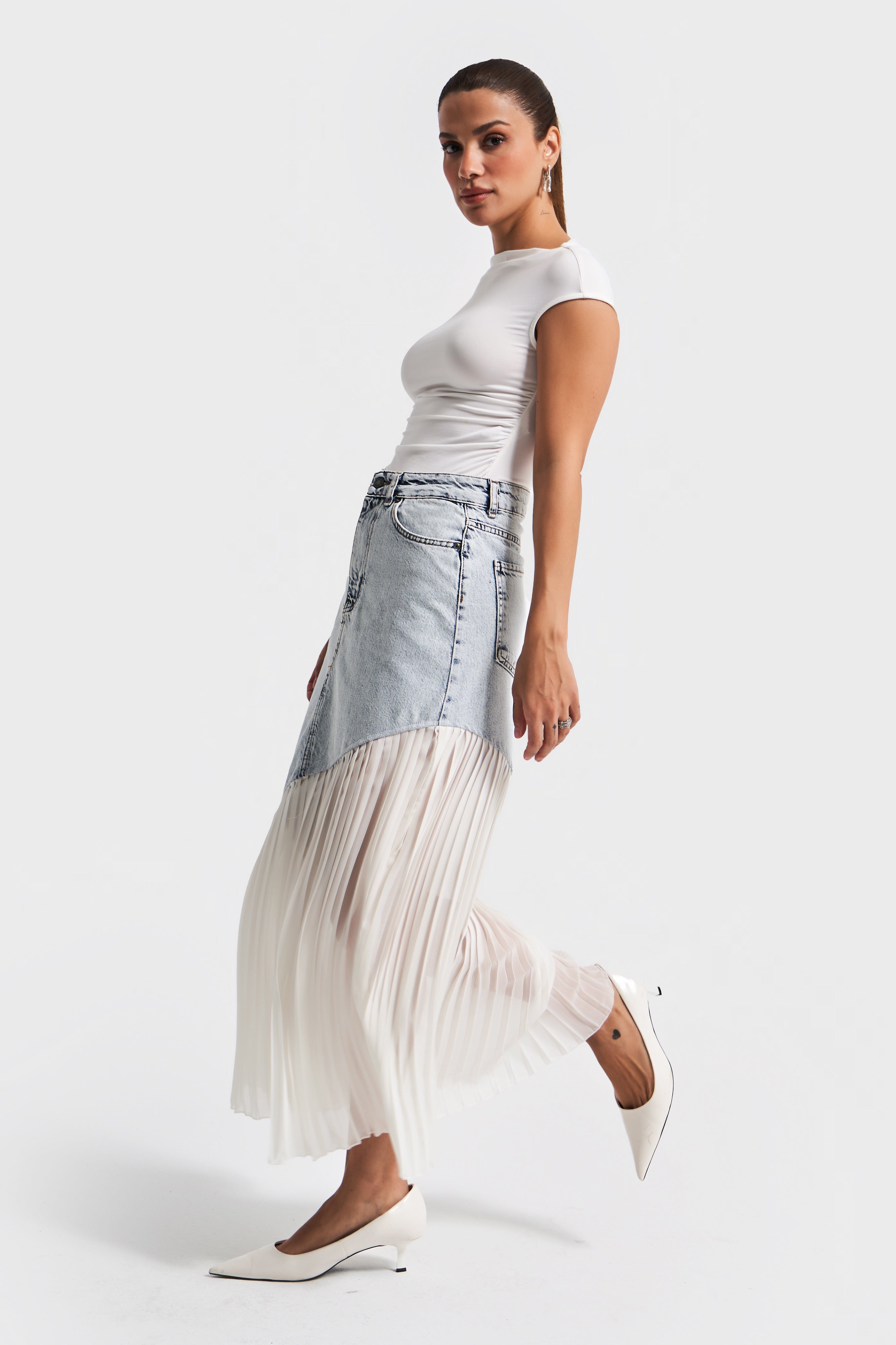 Kadın Kot Rengi 3s5-3 Denim Kumaş Parça Pileli Maxi Boy %100 Koton Tasarım Denim Etek