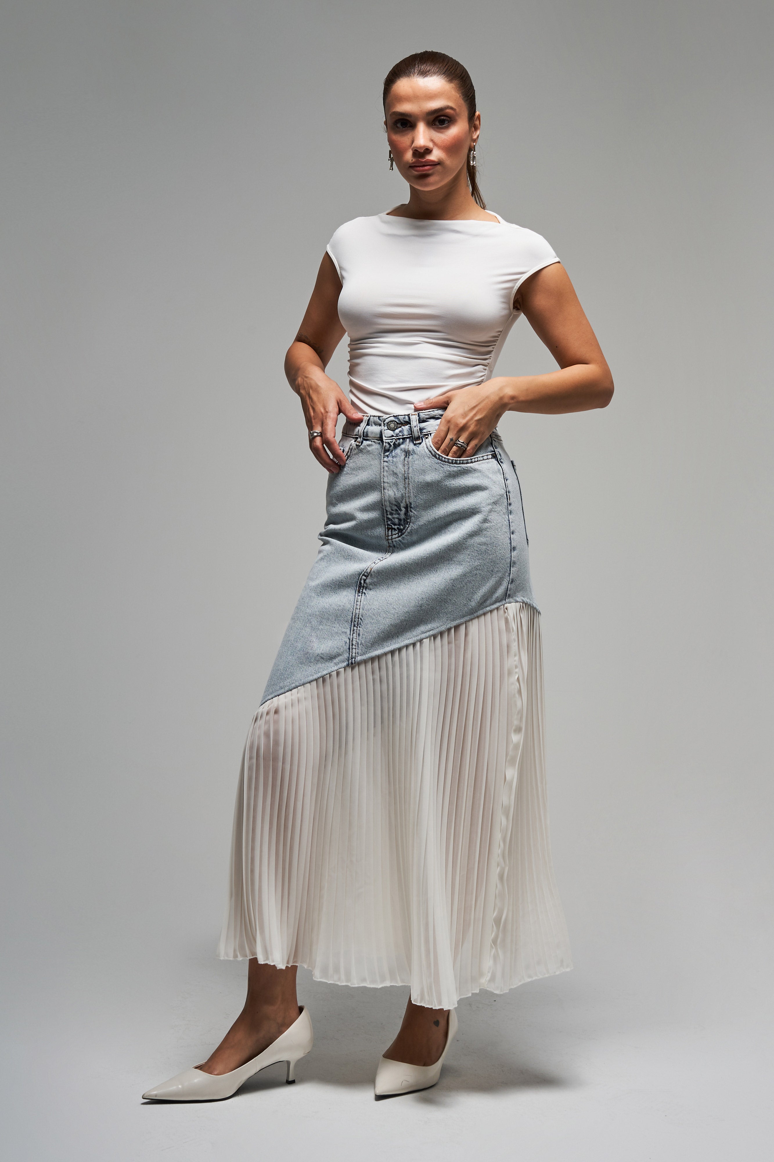 Kadın Kot Rengi 3s5-3 Denim Kumaş Parça Pileli Maxi Boy %100 Koton Tasarım Denim Etek