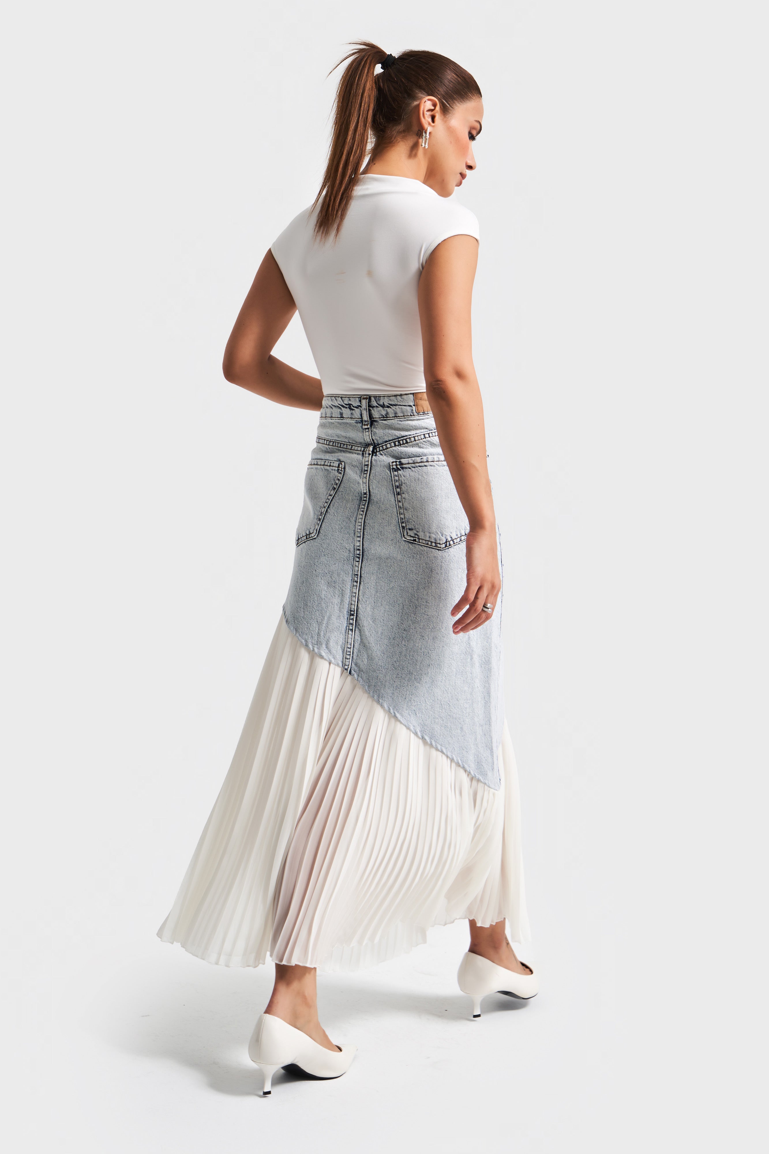 Kadın Kot Rengi 3s5-3 Denim Kumaş Parça Pileli Maxi Boy %100 Koton Tasarım Denim Etek