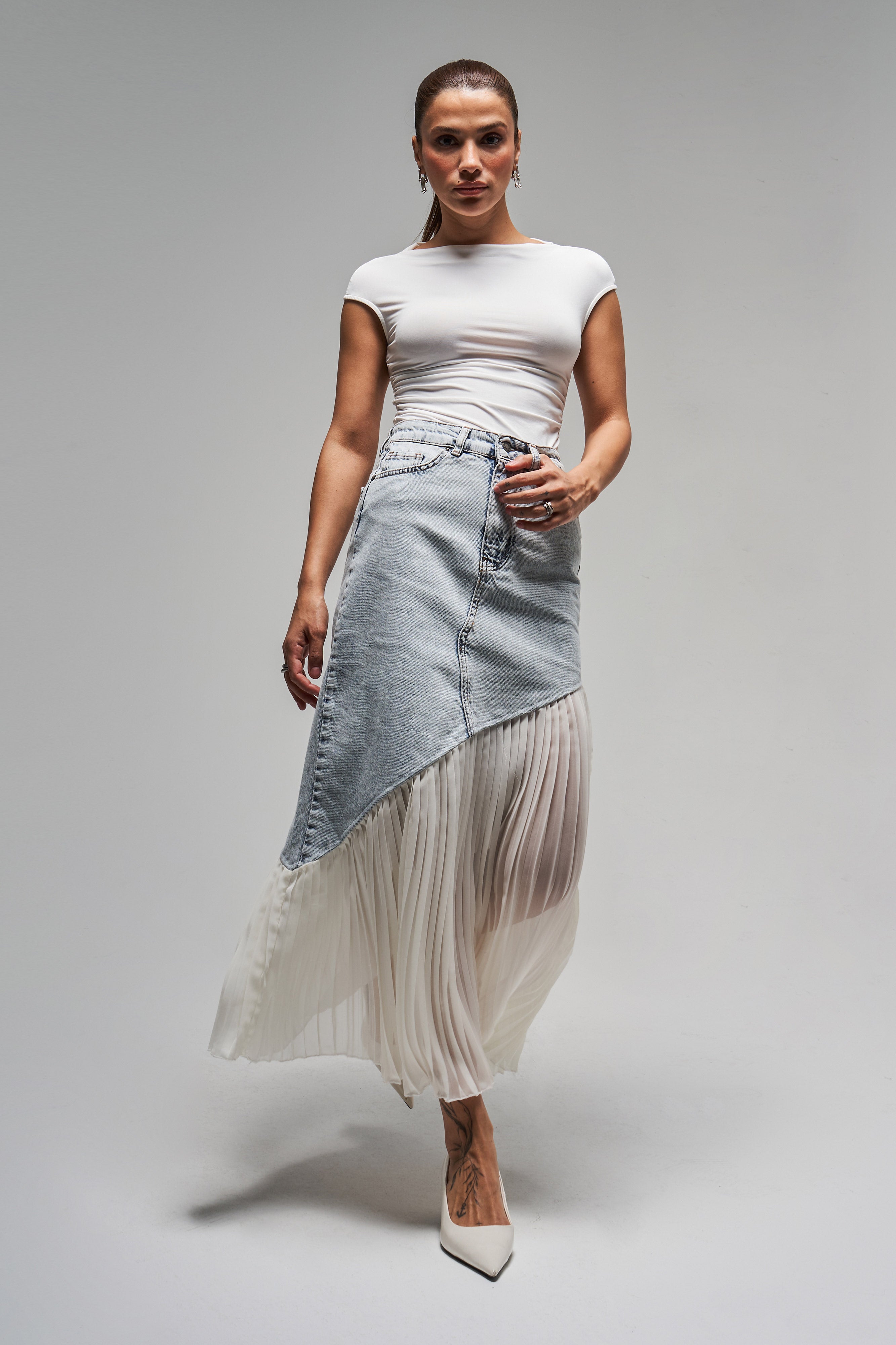 Kadın Kot Rengi 3s5-3 Denim Kumaş Parça Pileli Maxi Boy %100 Koton Tasarım Denim Etek