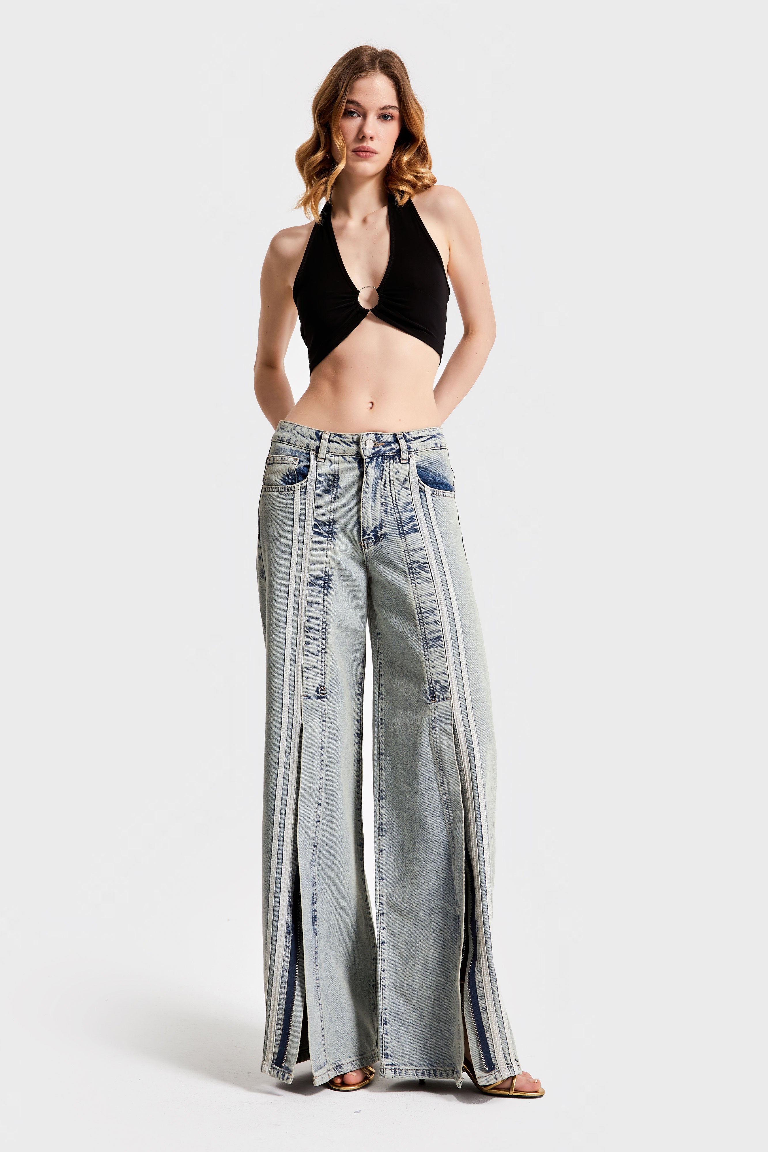Women's Jeans Color 3S565 Stripe Detailed Slit Palazzo Fit 100% Cotton Denim