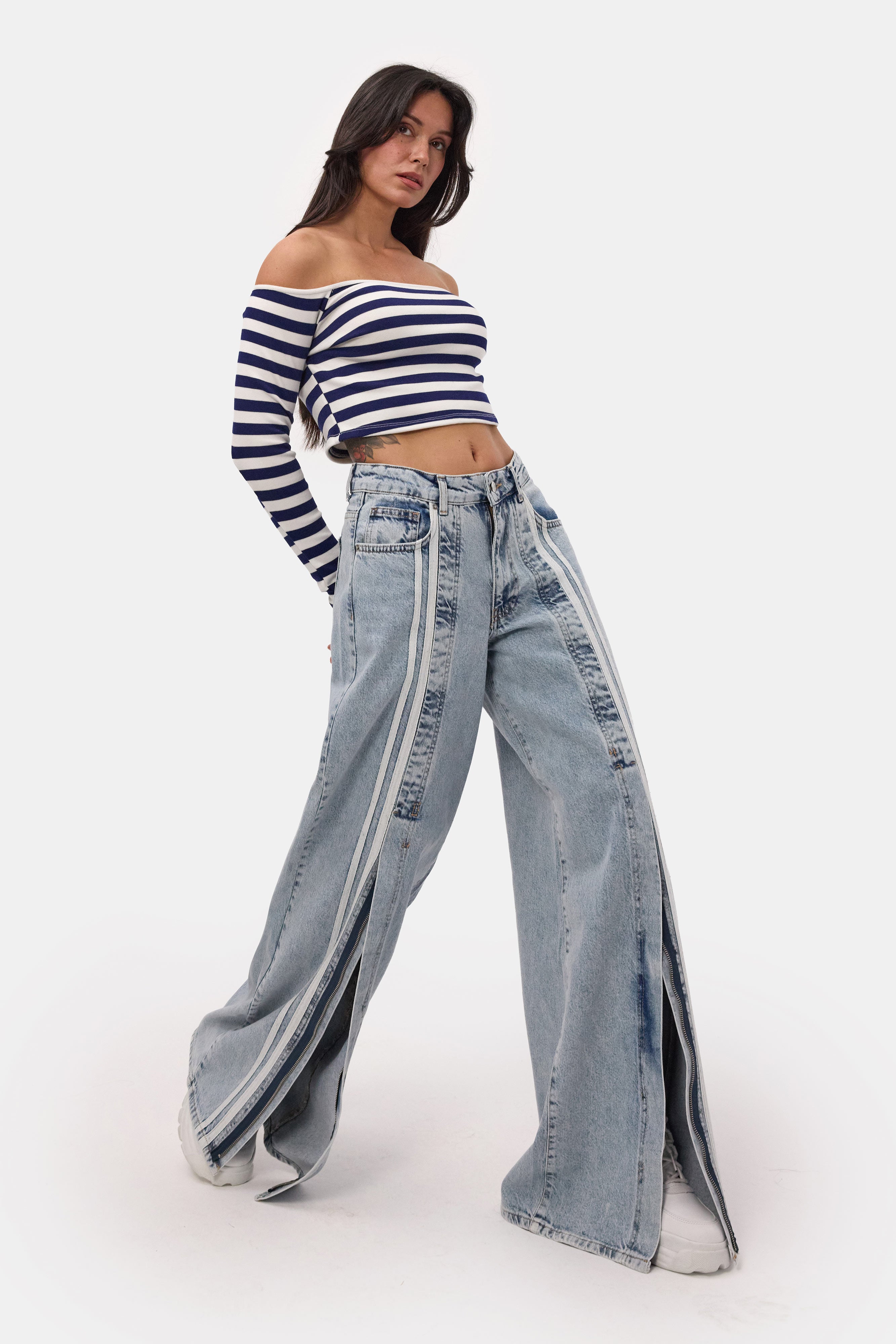 Kadın Kot Rengi 3s6-27 Palazzo Fit Şerit Detaylı Tasarım Denim Jean