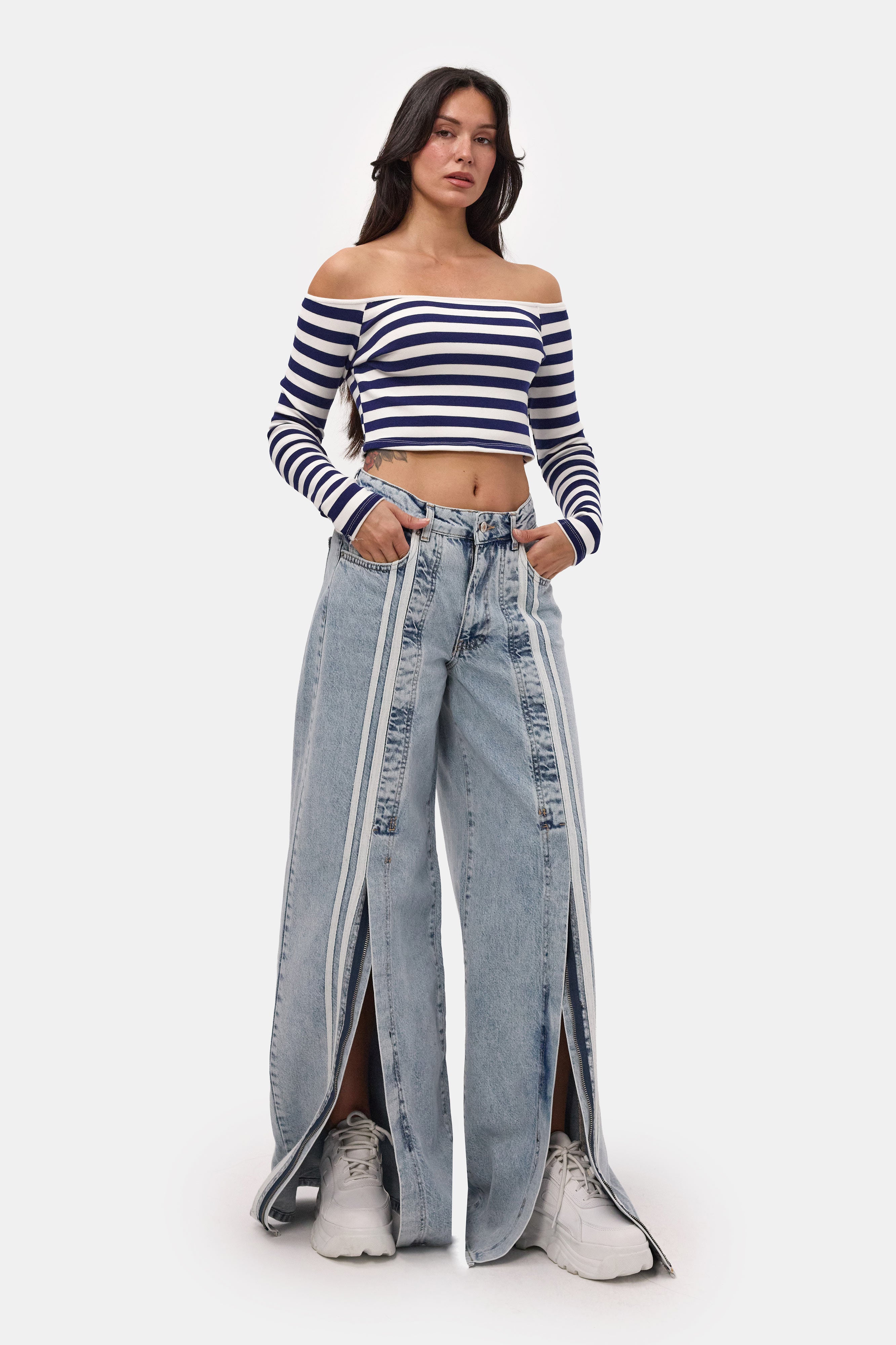 Kadın Kot Rengi 3s6-27 Palazzo Fit Şerit Detaylı Tasarım Denim Jean