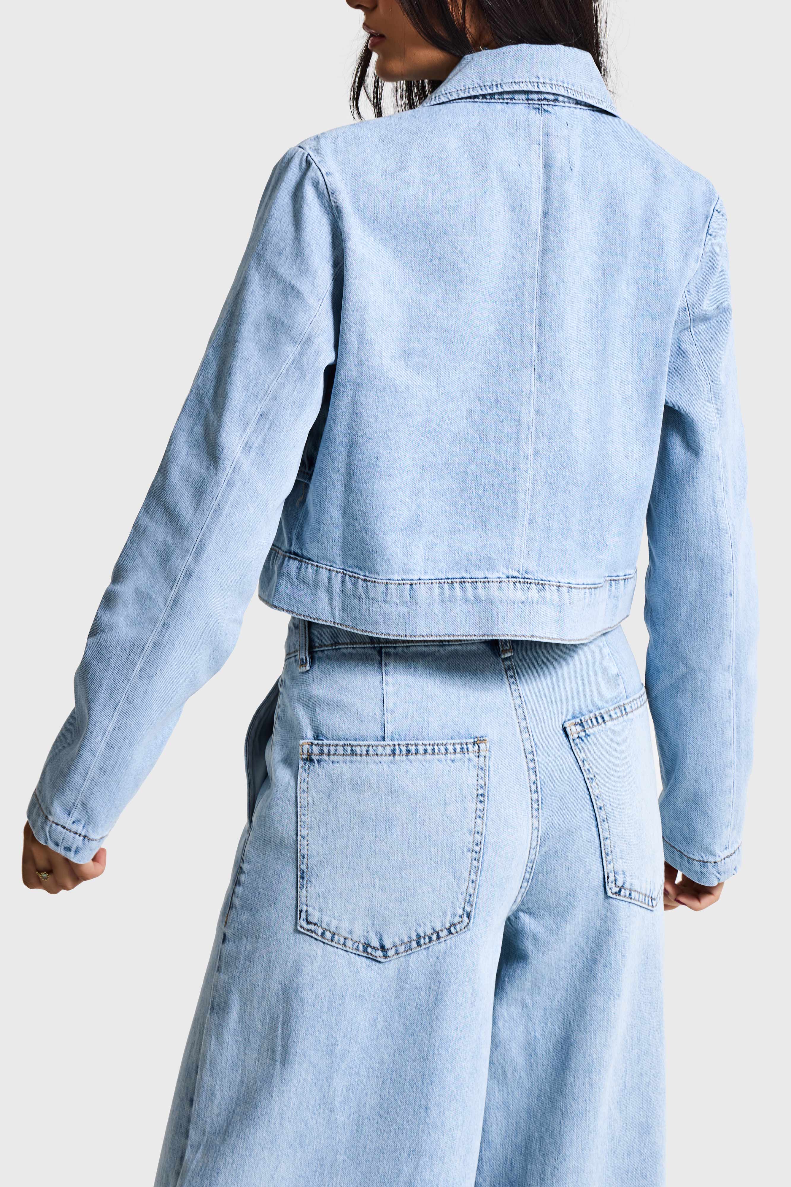 Kadın Kot Rengi 3s6-3 Crop Fit Düğmeli Özel Tasarım Denim Ceket