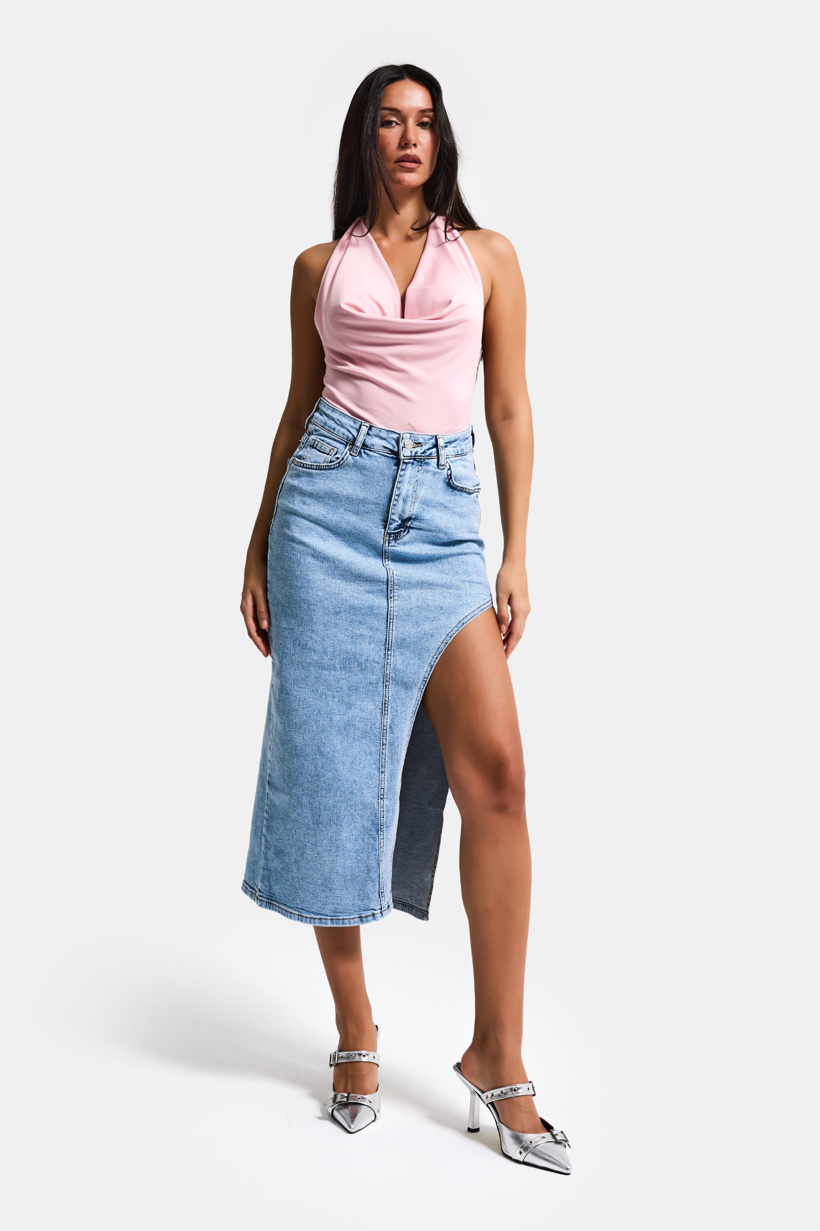Women's Jean Color 3s6-3 Maxi Side Slit Design Lycra Fabric Denim Skirt