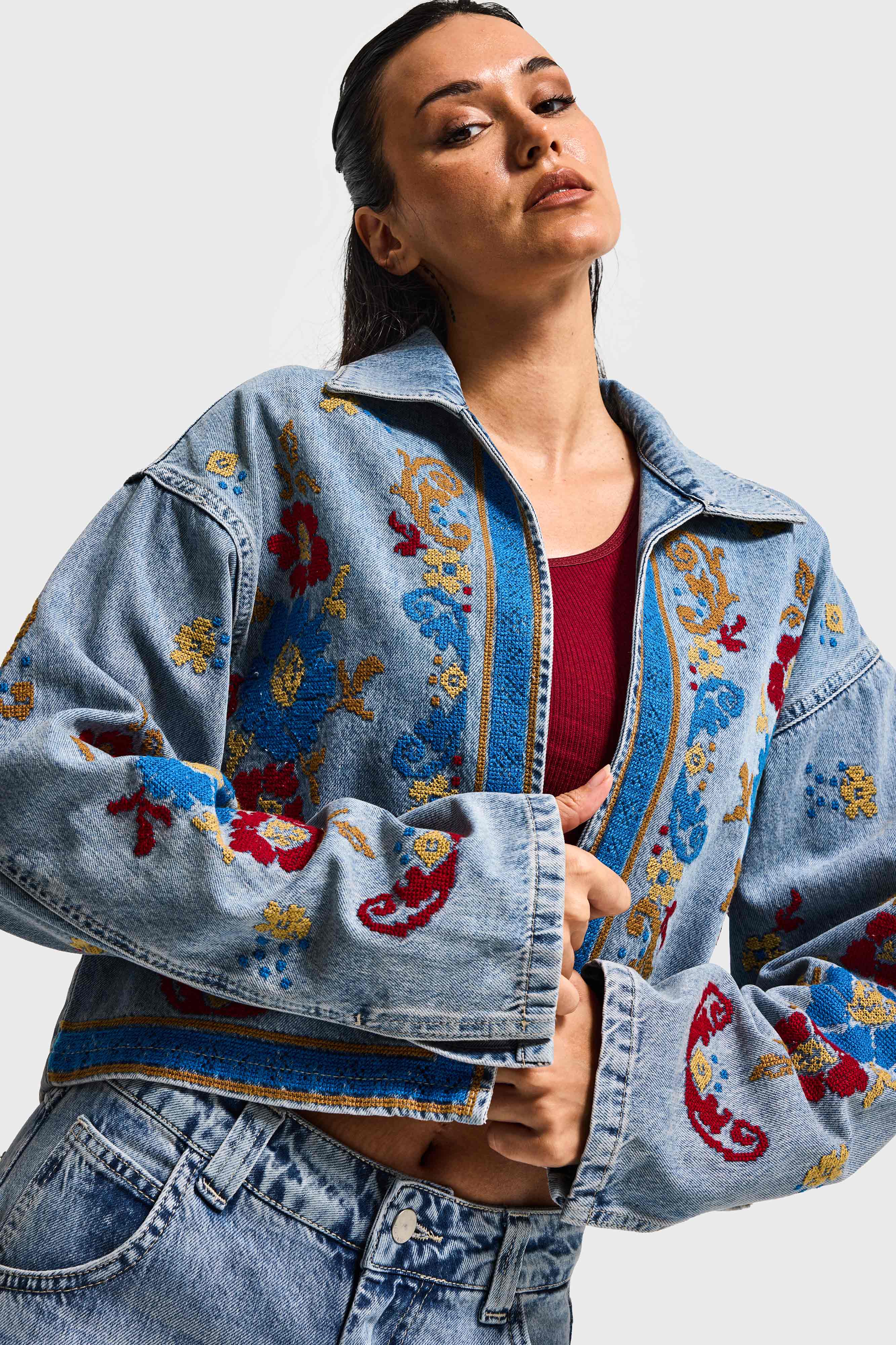 Kadın Kot Rengi 3s6-32 Bol Kesim Özel Nakış Desenli Tasarım Denim Ceket