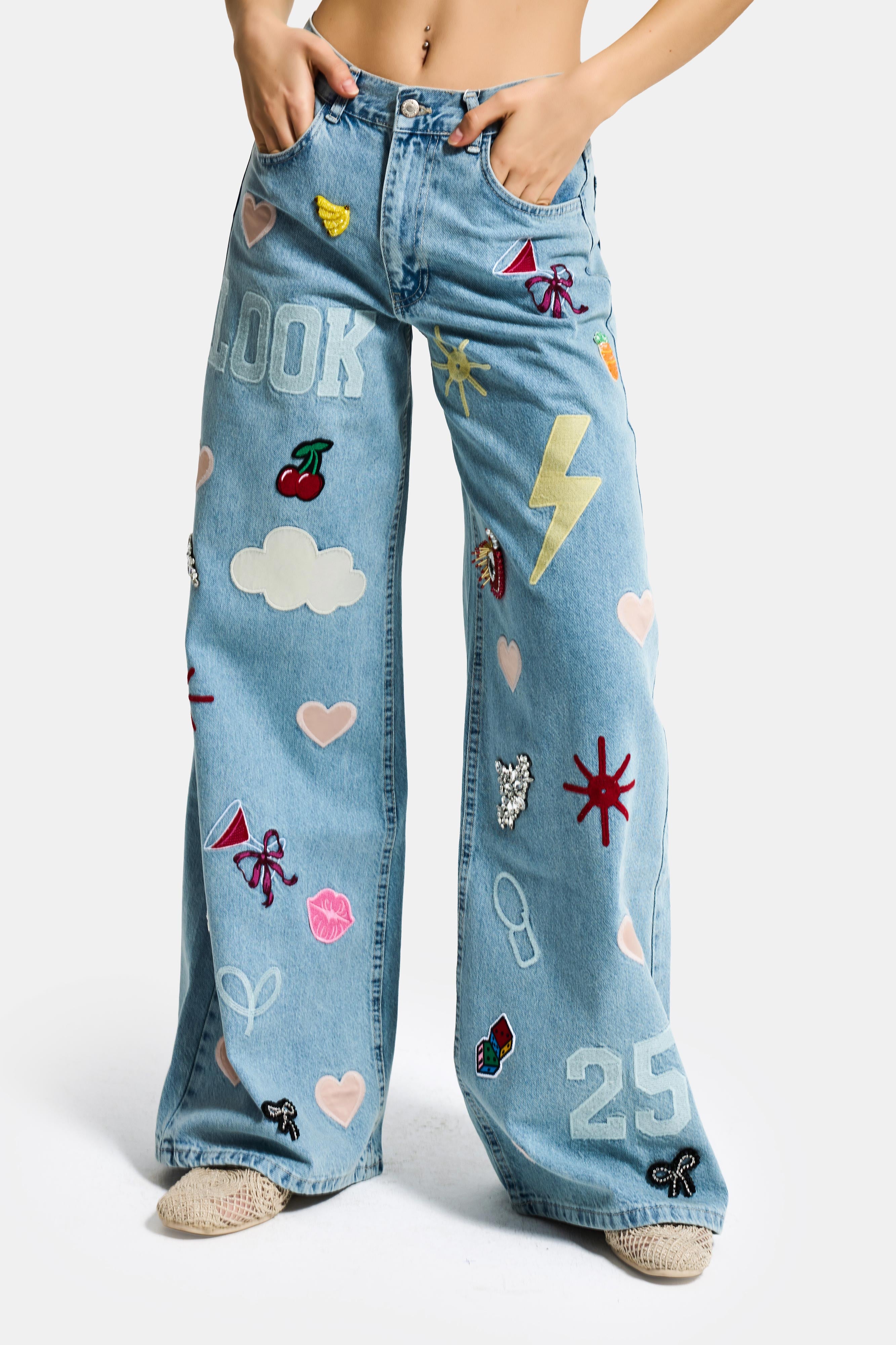 Kadın Kot Rengi 3s6-32 Straight Fit Obje Nakış ve İşlemeli Özel Tasarım Denim Jean