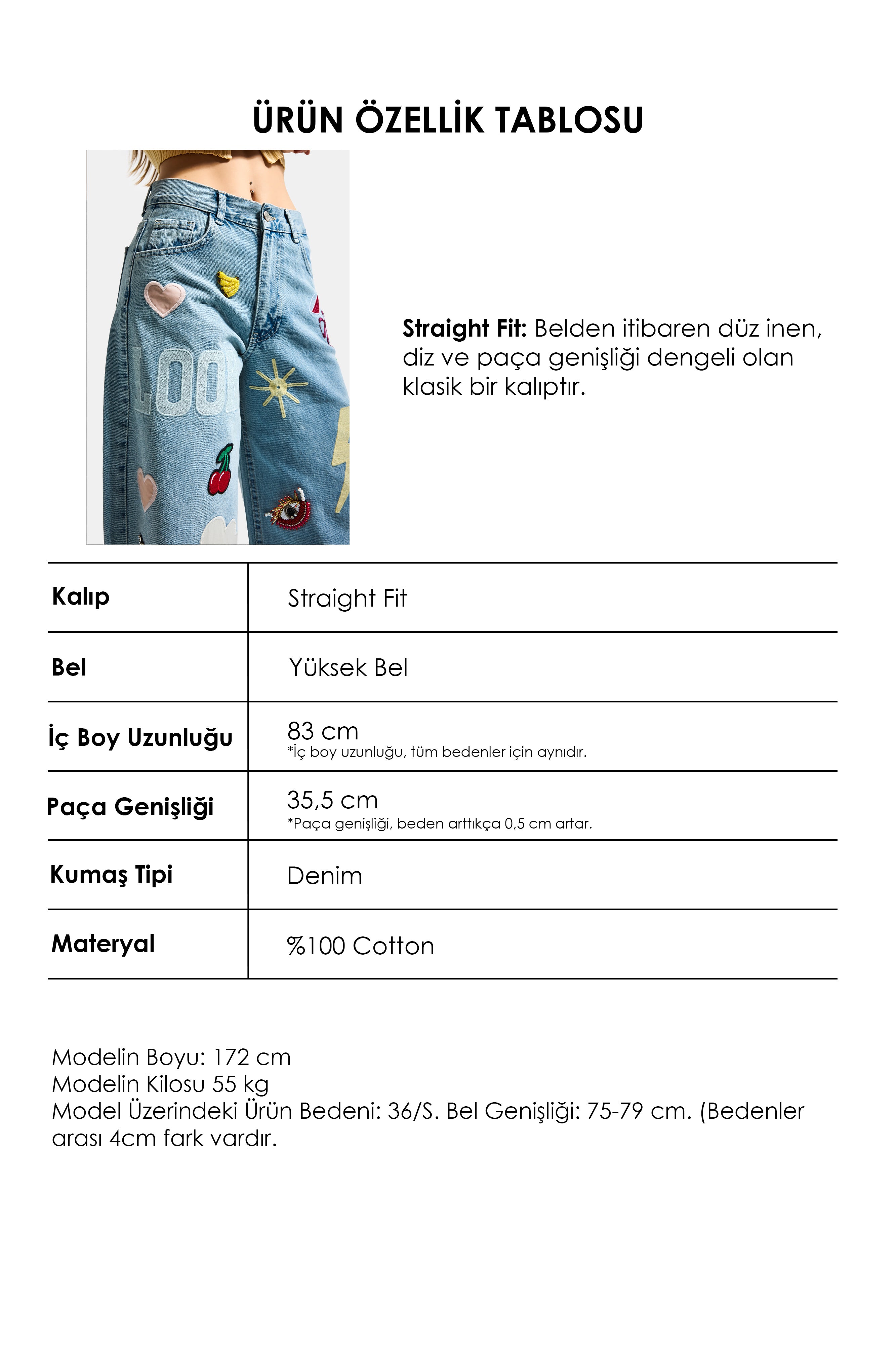 Kadın Kot Rengi 3s6-32 Straight Fit Obje Nakış ve İşlemeli Özel Tasarım Denim Jean