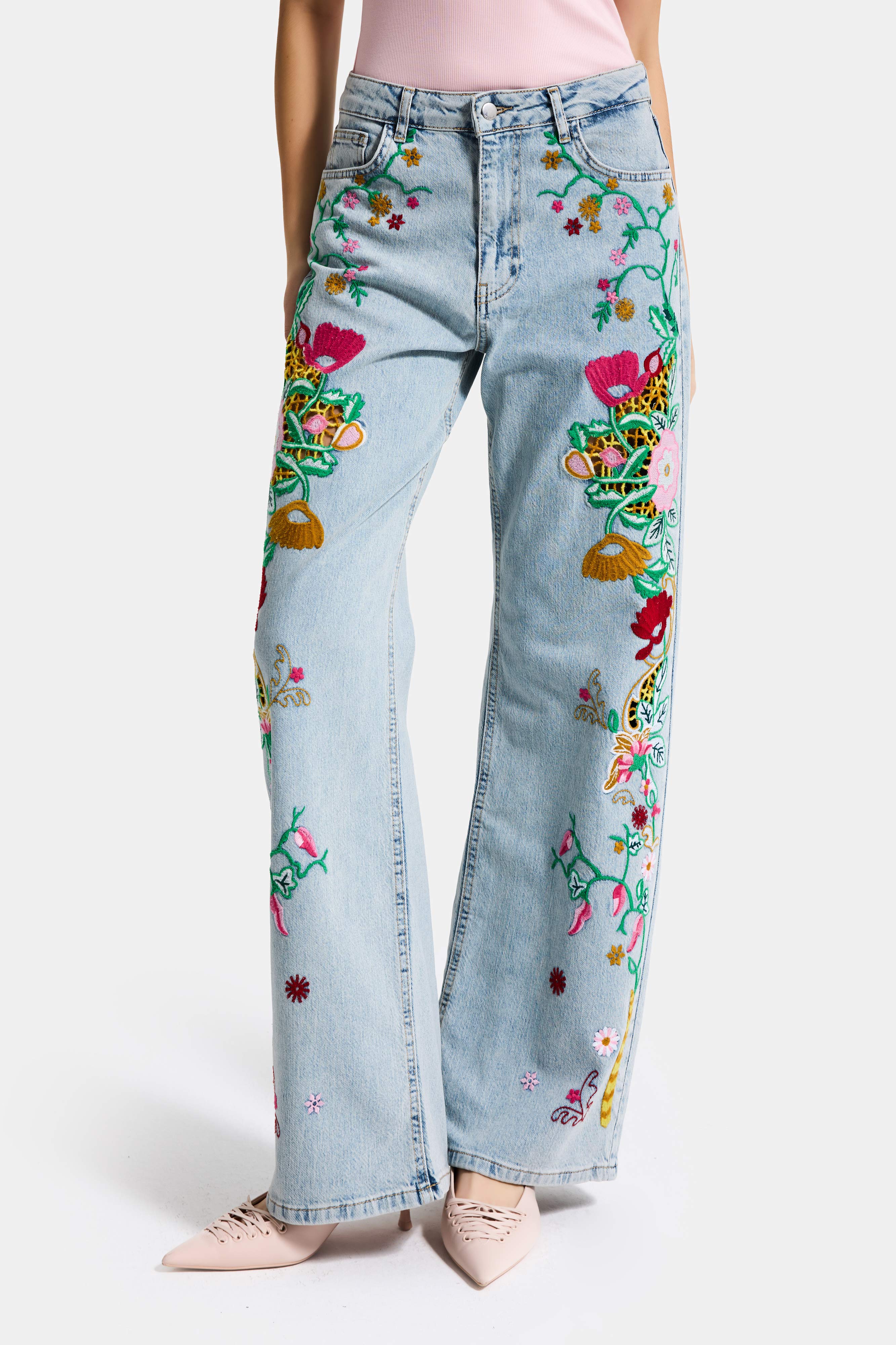 Kadın Kot Rengi 3s6-32 Straight Fit Özel Desen Çiçek Nakışlı Tasarım Denim Jean