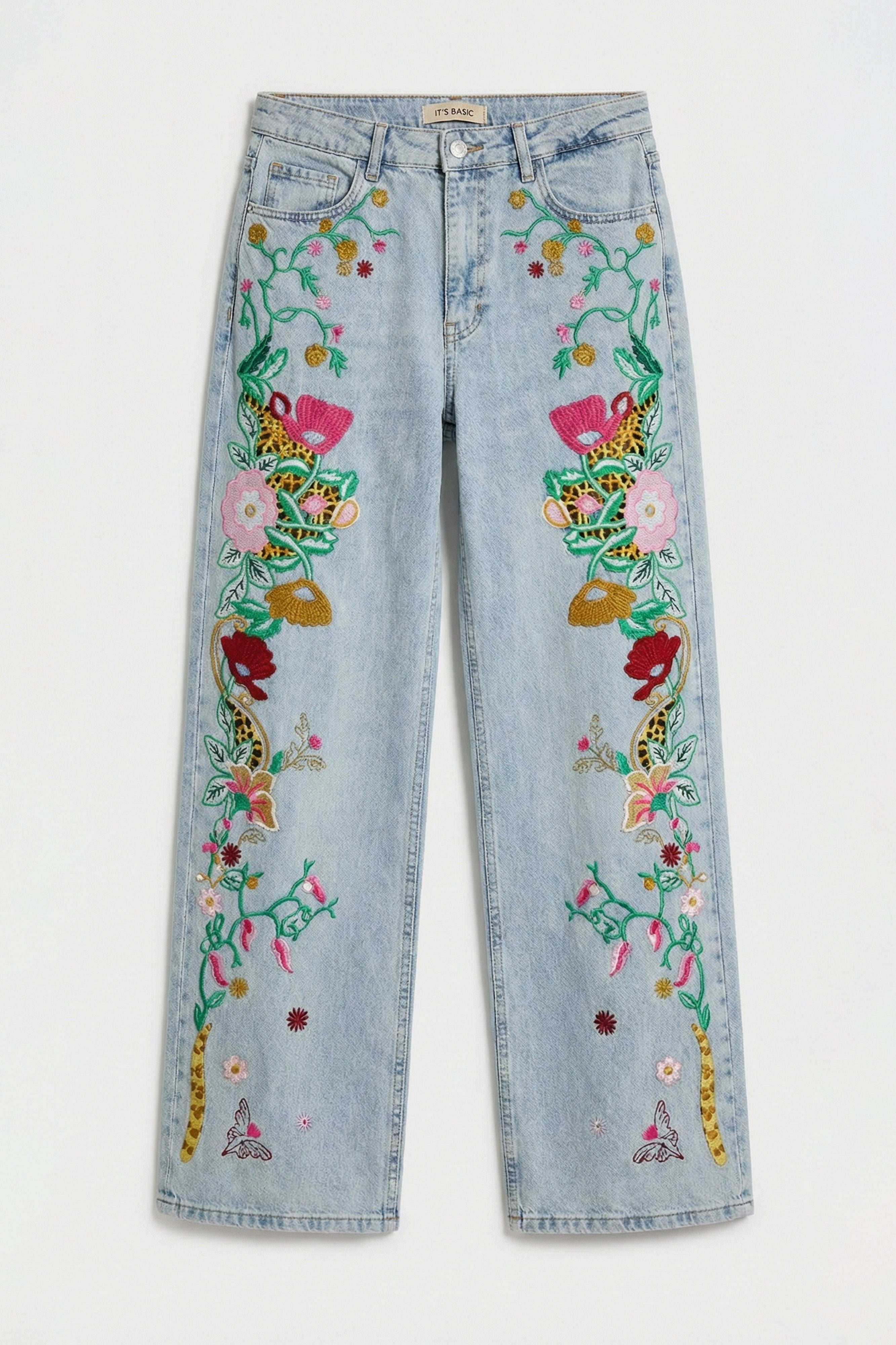 Kadın Kot Rengi 3s6-32 Straight Fit Özel Desen Çiçek Nakışlı Tasarım Denim Jean