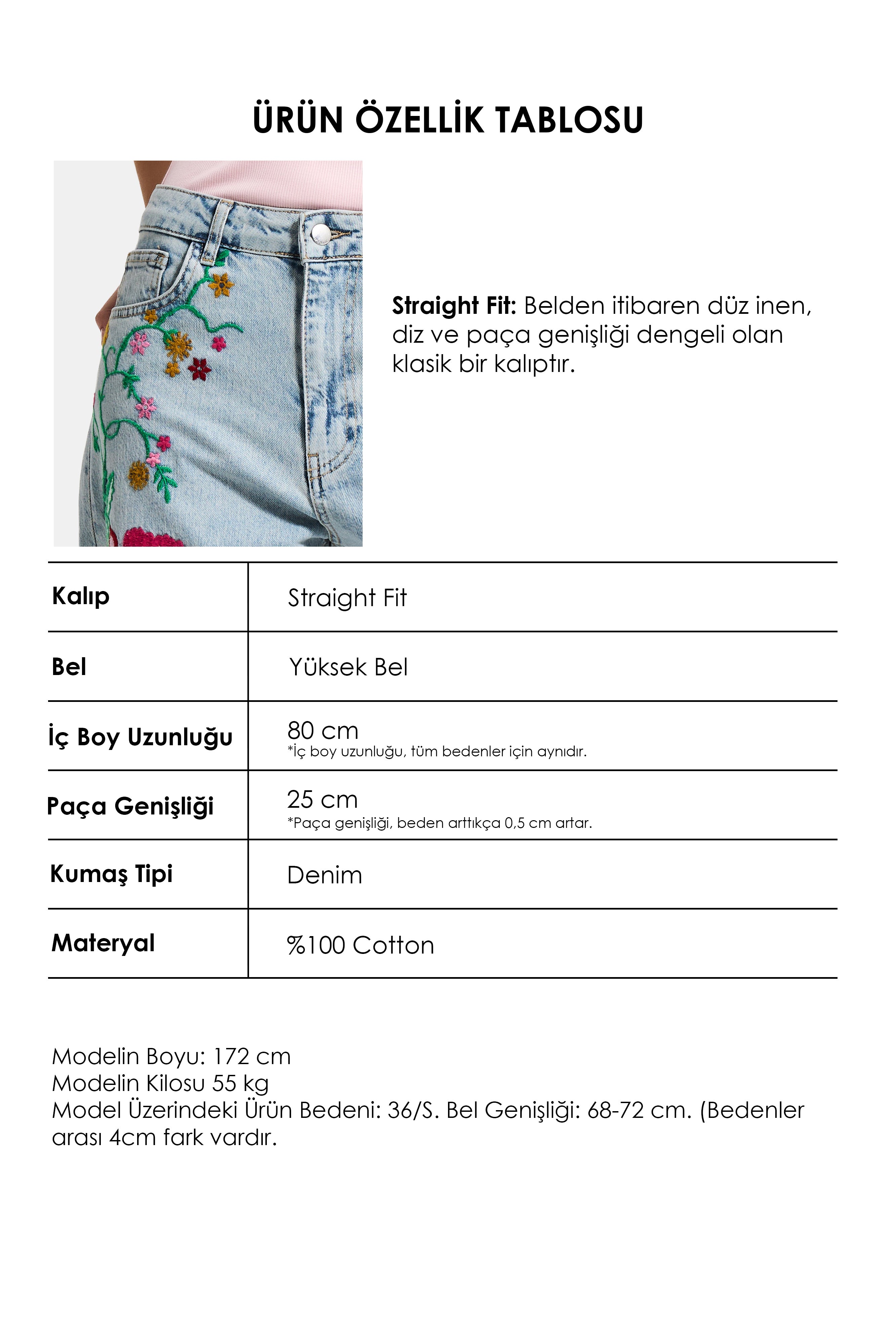 Kadın Kot Rengi 3s6-32 Straight Fit Özel Desen Çiçek Nakışlı Tasarım Denim Jean