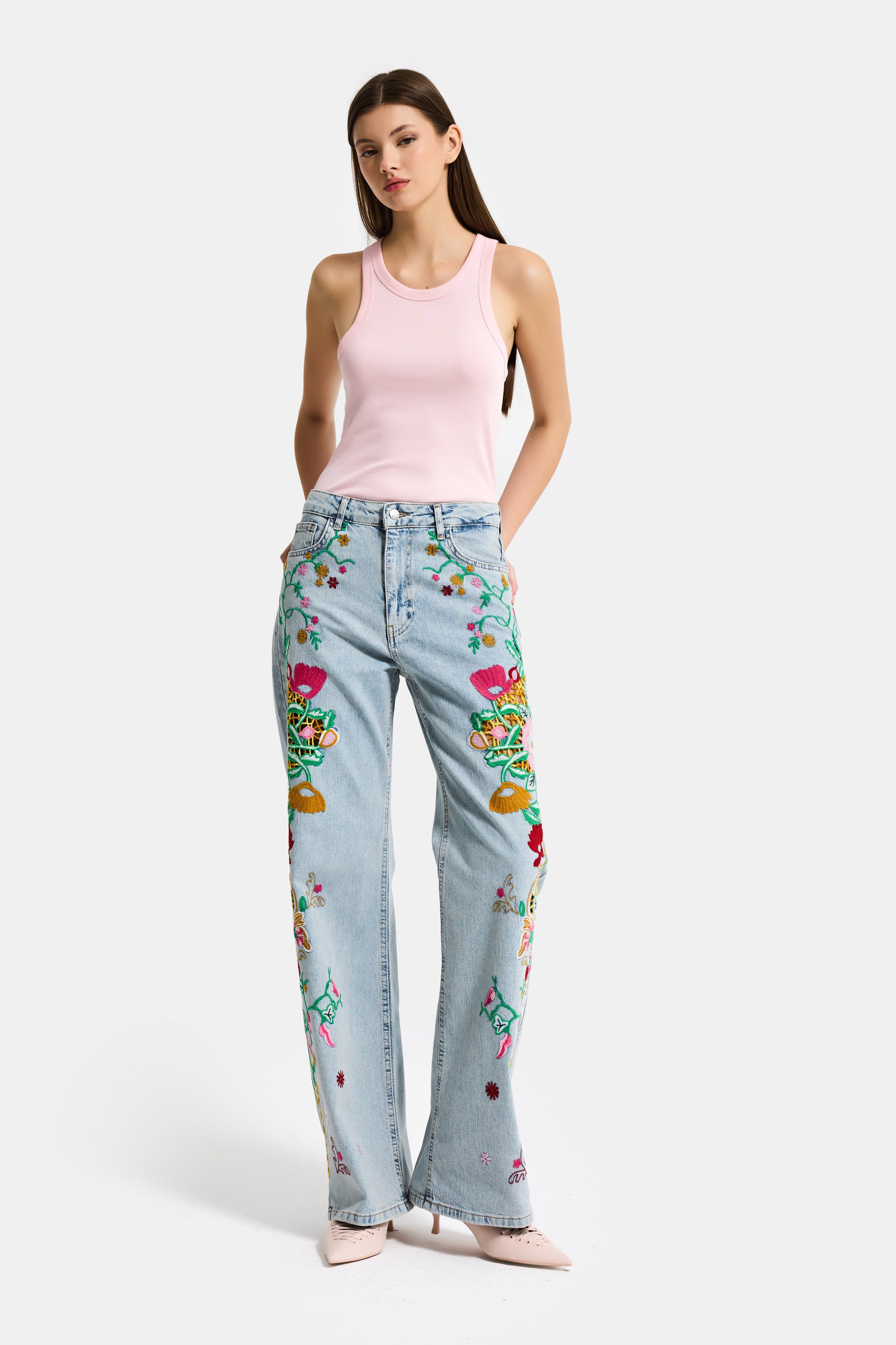 Kadın Kot Rengi 3s6-32 Straight Fit Özel Desen Çiçek Nakışlı Tasarım Denim Jean