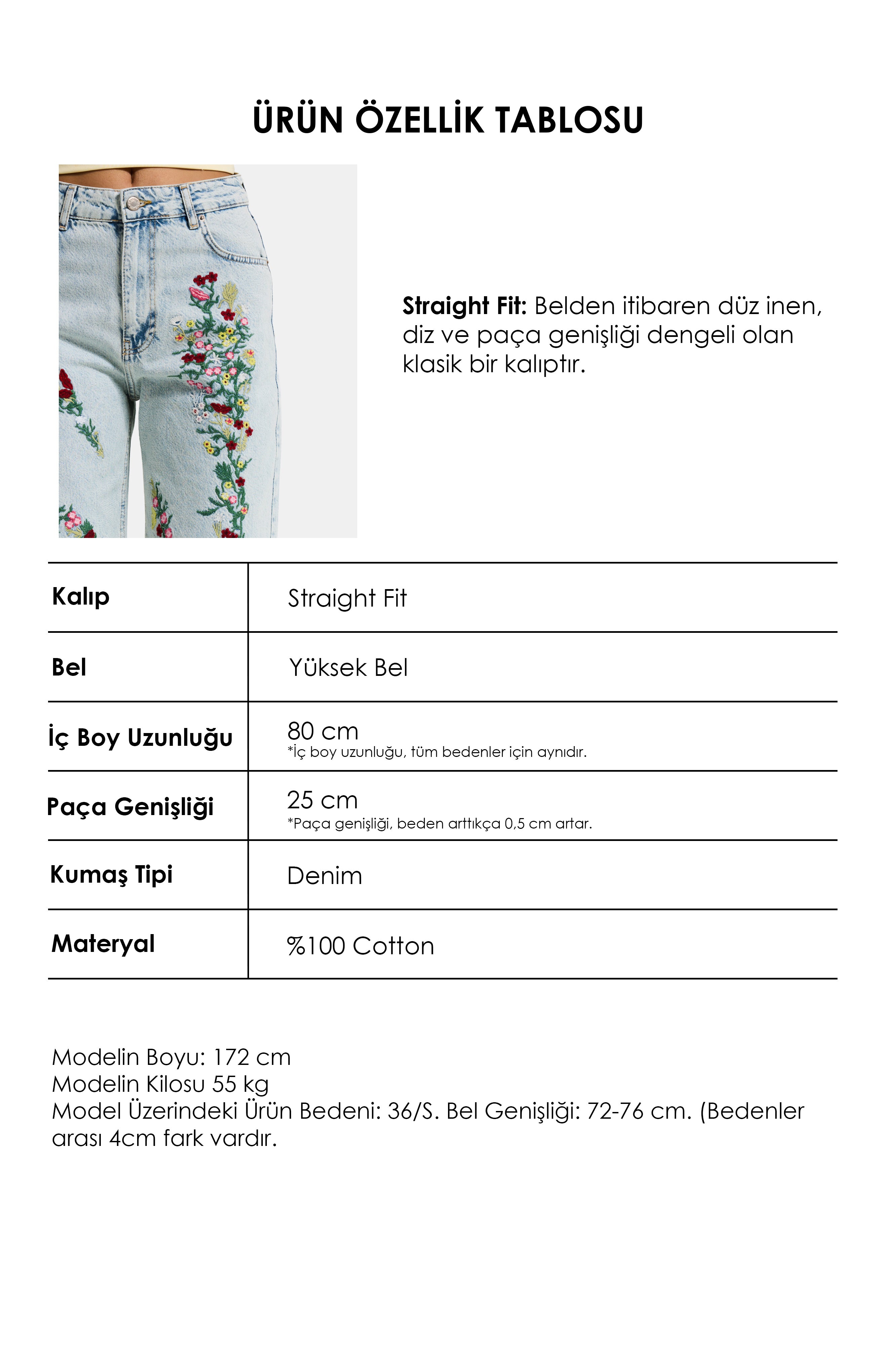 Kadın Kot Rengi 3s6-75 Straight Fit Çiçek Nakışlı Özel Tasarım Denim Jean