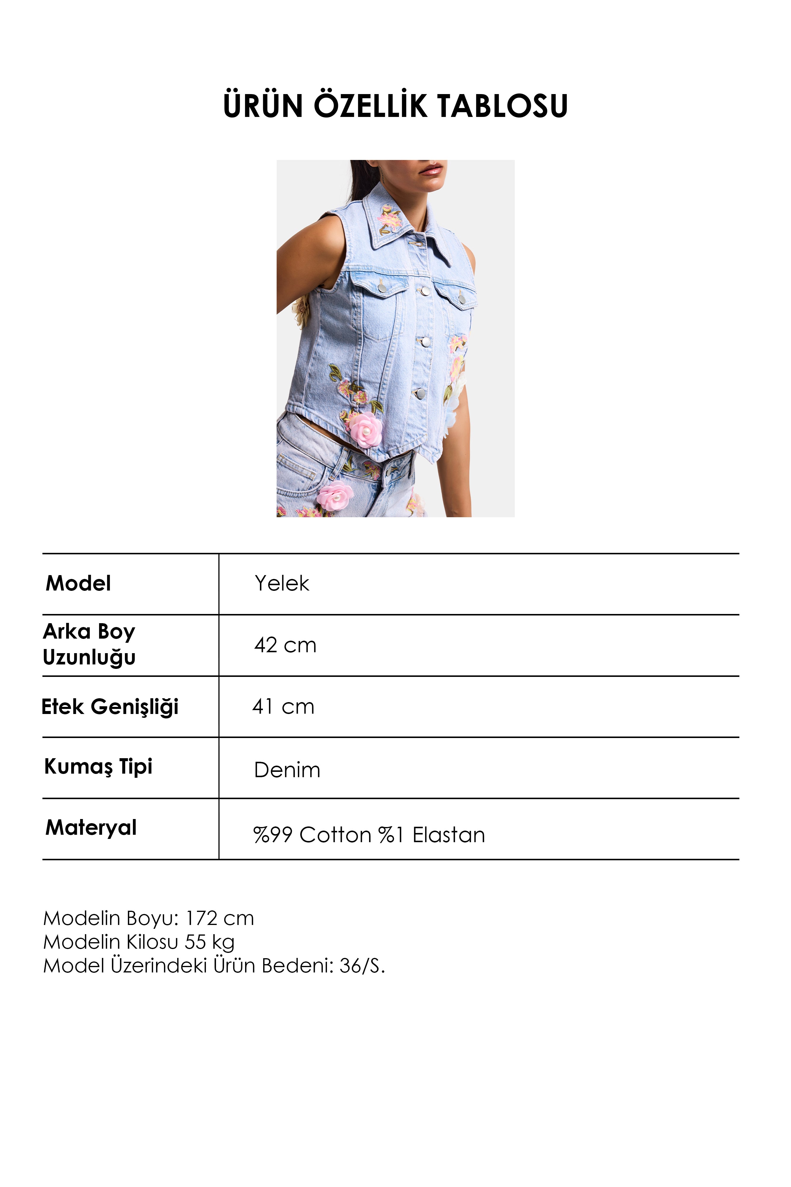 Kadın Kot Rengi 3s6-89 Crop Fit Gül ve Nakış Detaylı Özel Tasarım Denim Yelek