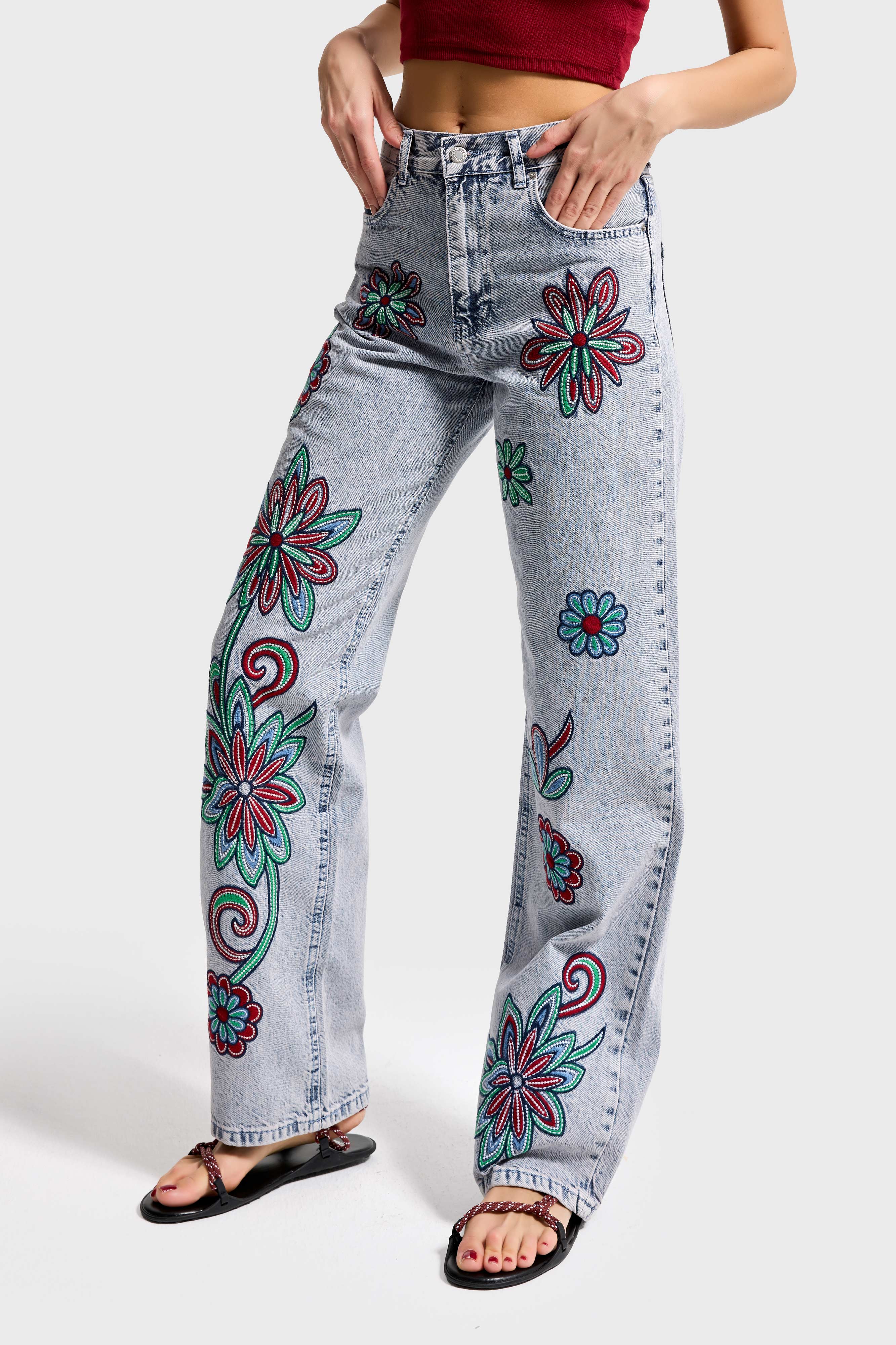 Kadın Kot Rengi 3s6-89 Loose Fit Renkli Çiçek Nakışlı Özel Tasarım Denim Jean