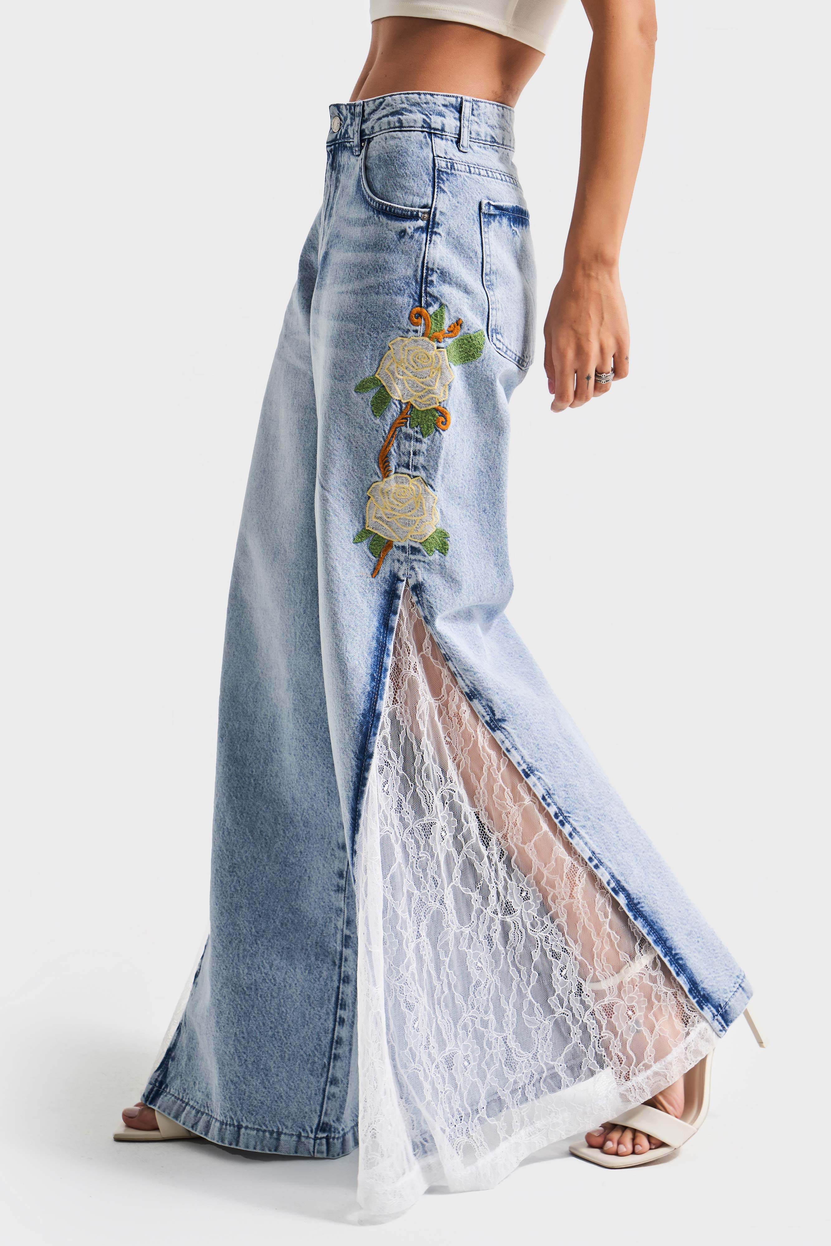 Kadın Kot Rengi 4s5-27 Palazzo Fit Çiçek Nakışlı Dantel Detaylı Tasarım %100 Koton Denim Jean