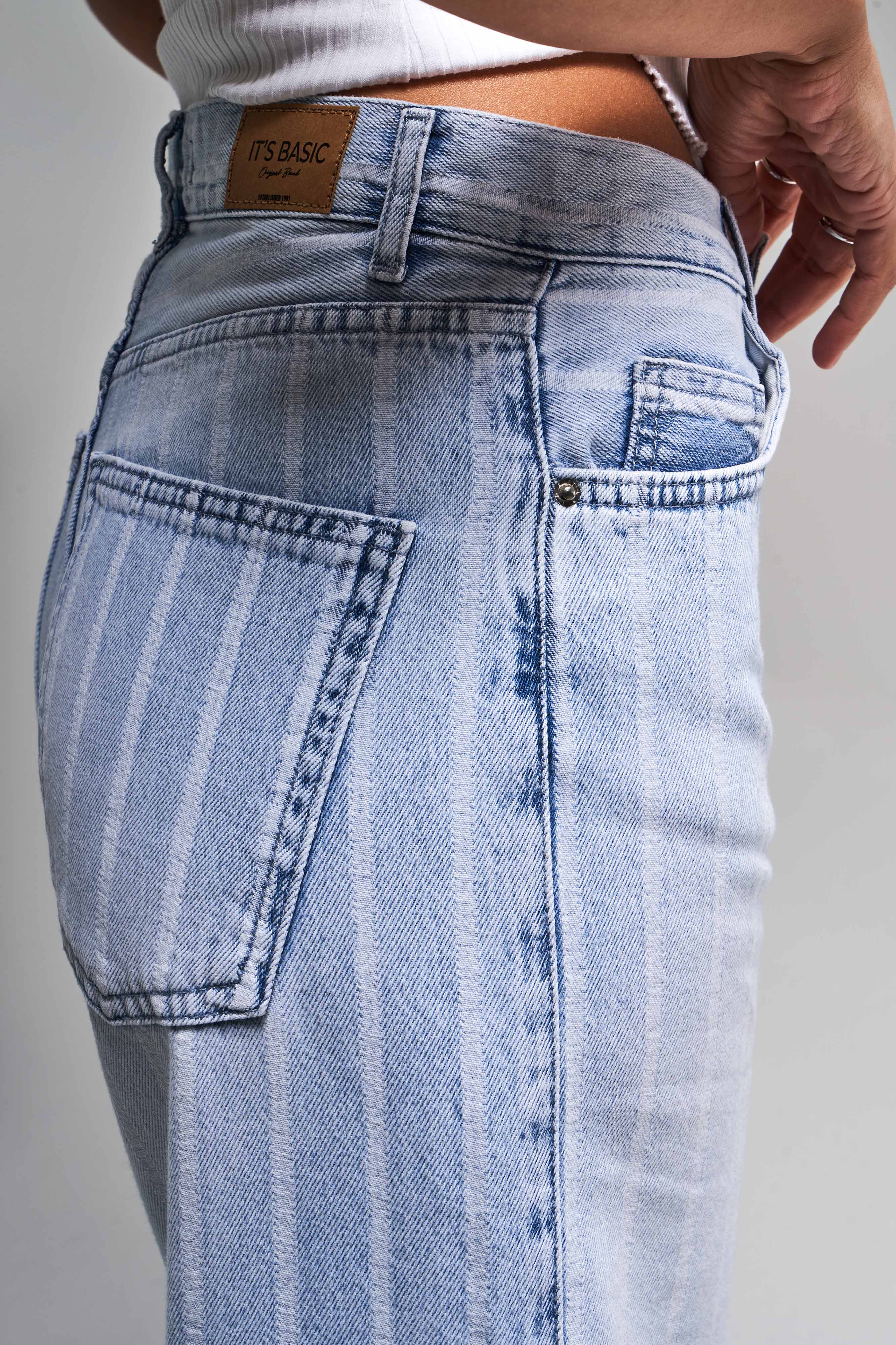 Kadın Kot Rengi 4s5-3 Çizgili Denim Kumaş %100 Koton Straıght Fit Yüksek Bel Denim Jean