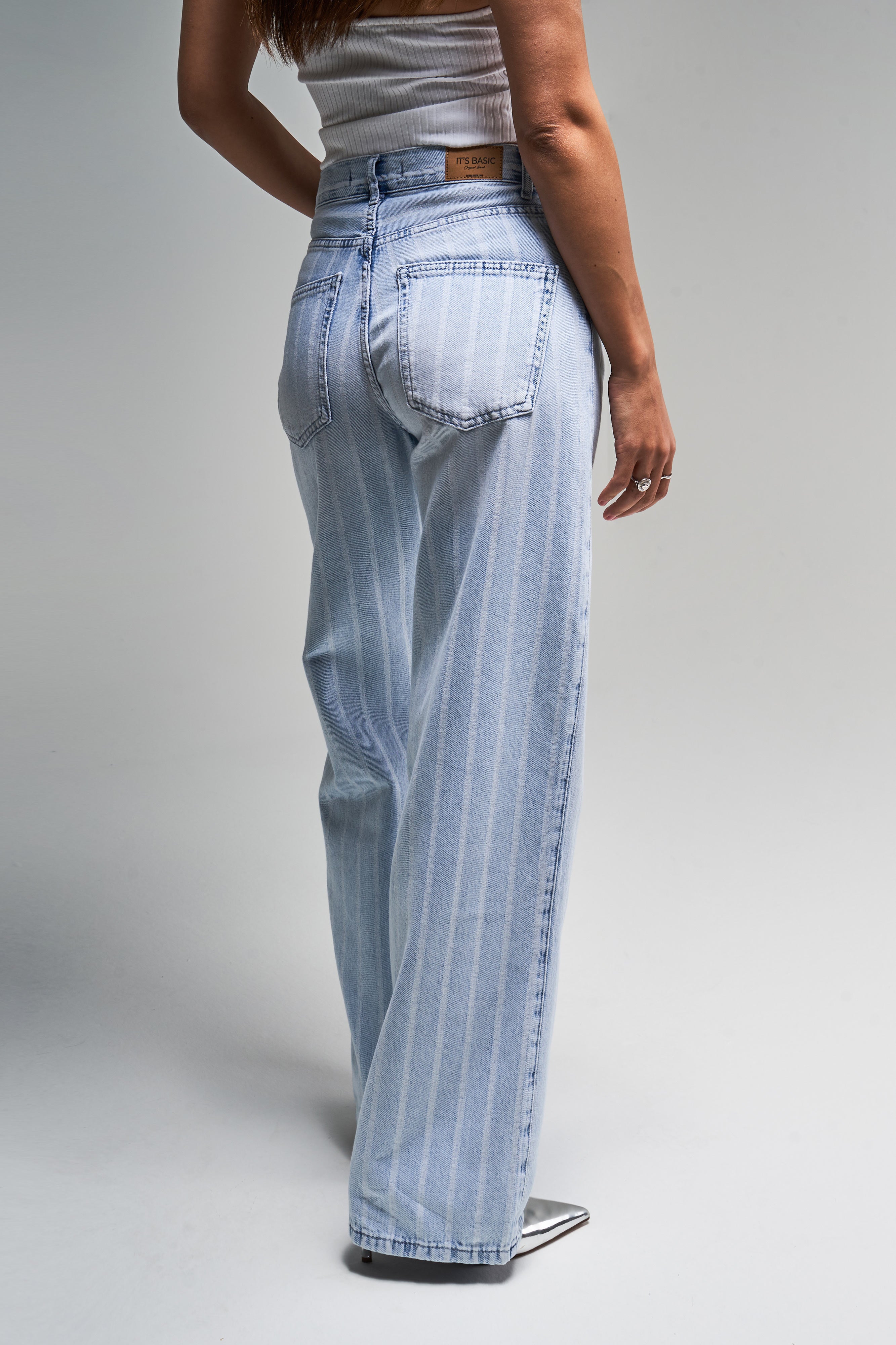 Kadın Kot Rengi 4s5-3 Çizgili Denim Kumaş %100 Koton Straıght Fit Yüksek Bel Denim Jean